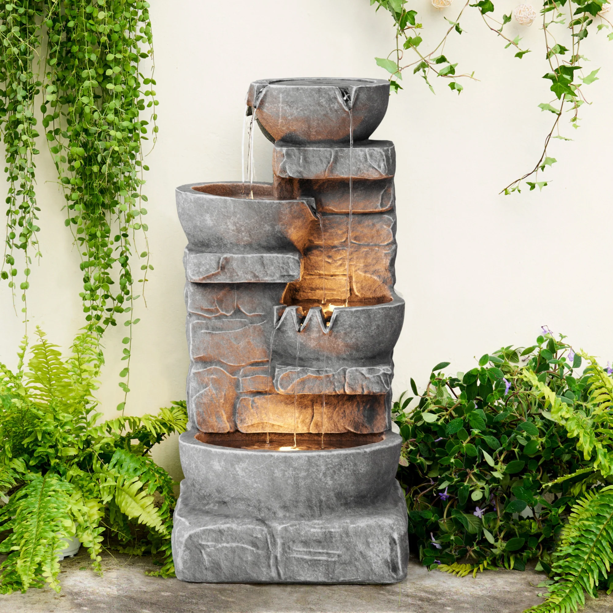 Teamson Home 33.25 Cascading Bowls & Stacked Stones LED Outdoor Water Fountain, Gray