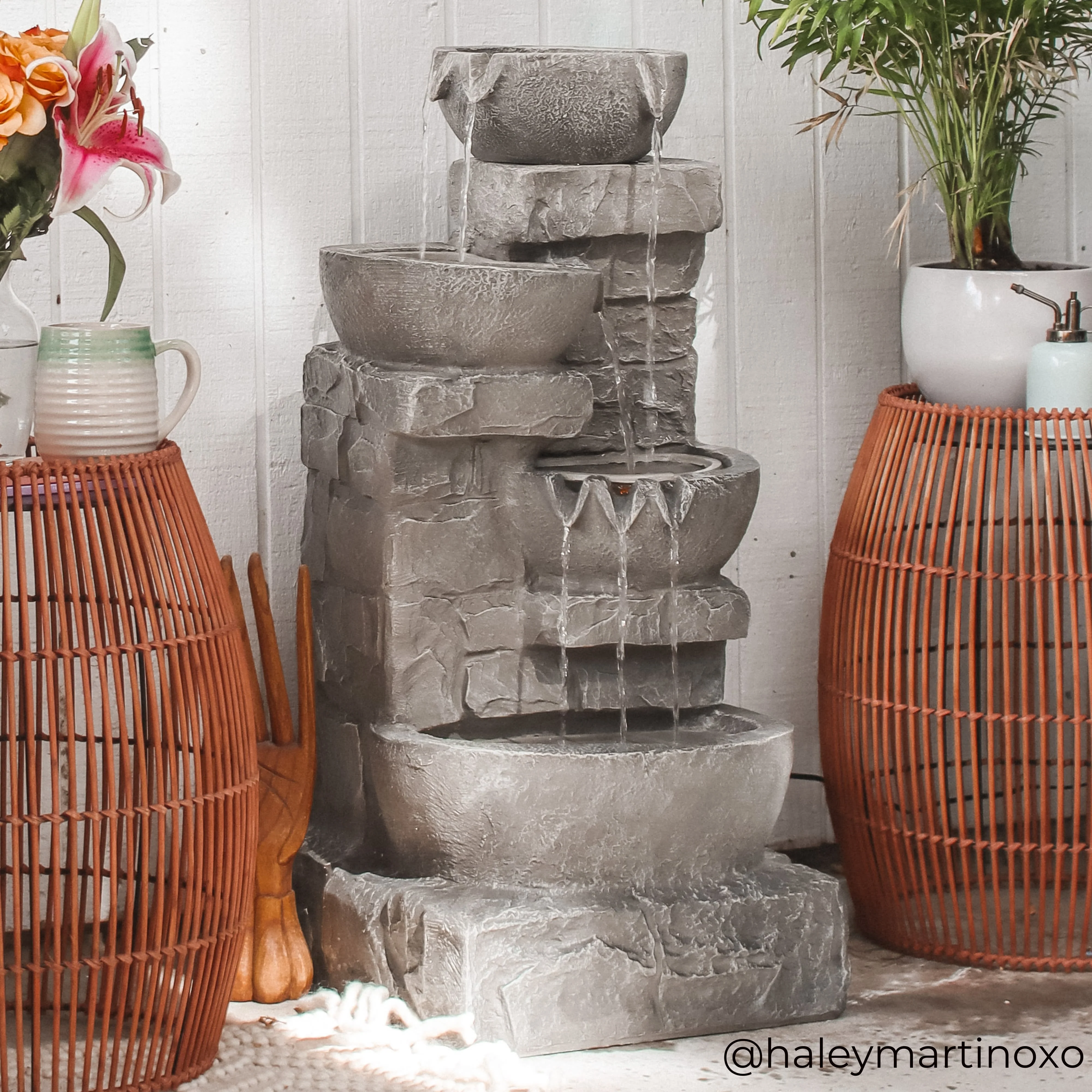 Teamson Home 33.25 Cascading Bowls & Stacked Stones LED Outdoor Water Fountain, Gray