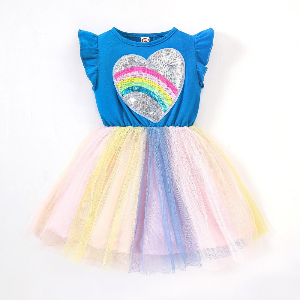 Summer Girls' Heart shaped Rainbow Beaded Princess Dress Children's Mesh Ponchy Skirt Wholesale Girls Dresses