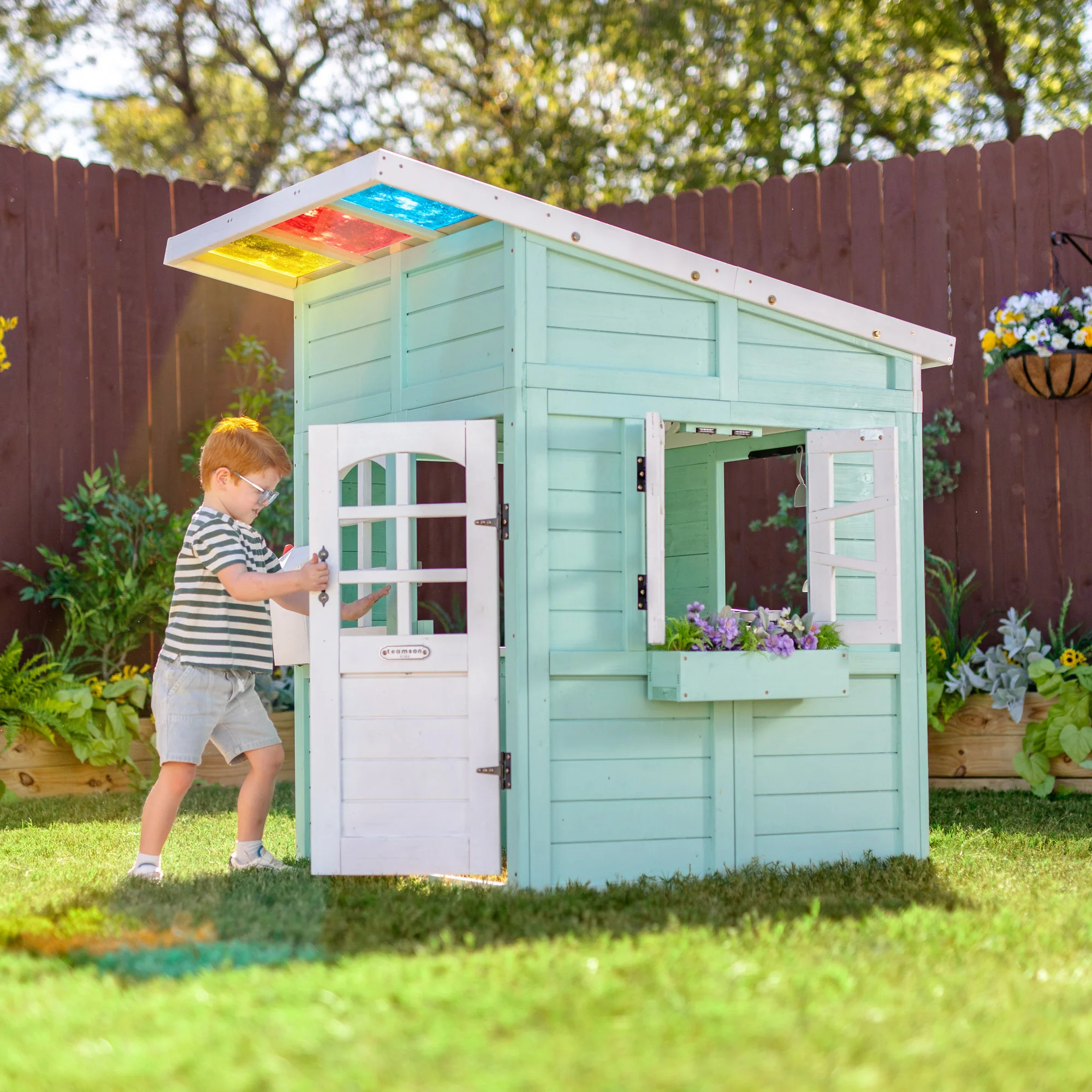 Teamson Kids Rainbow Shade Wooden Playhouse with Kitchen and Bench, Mint