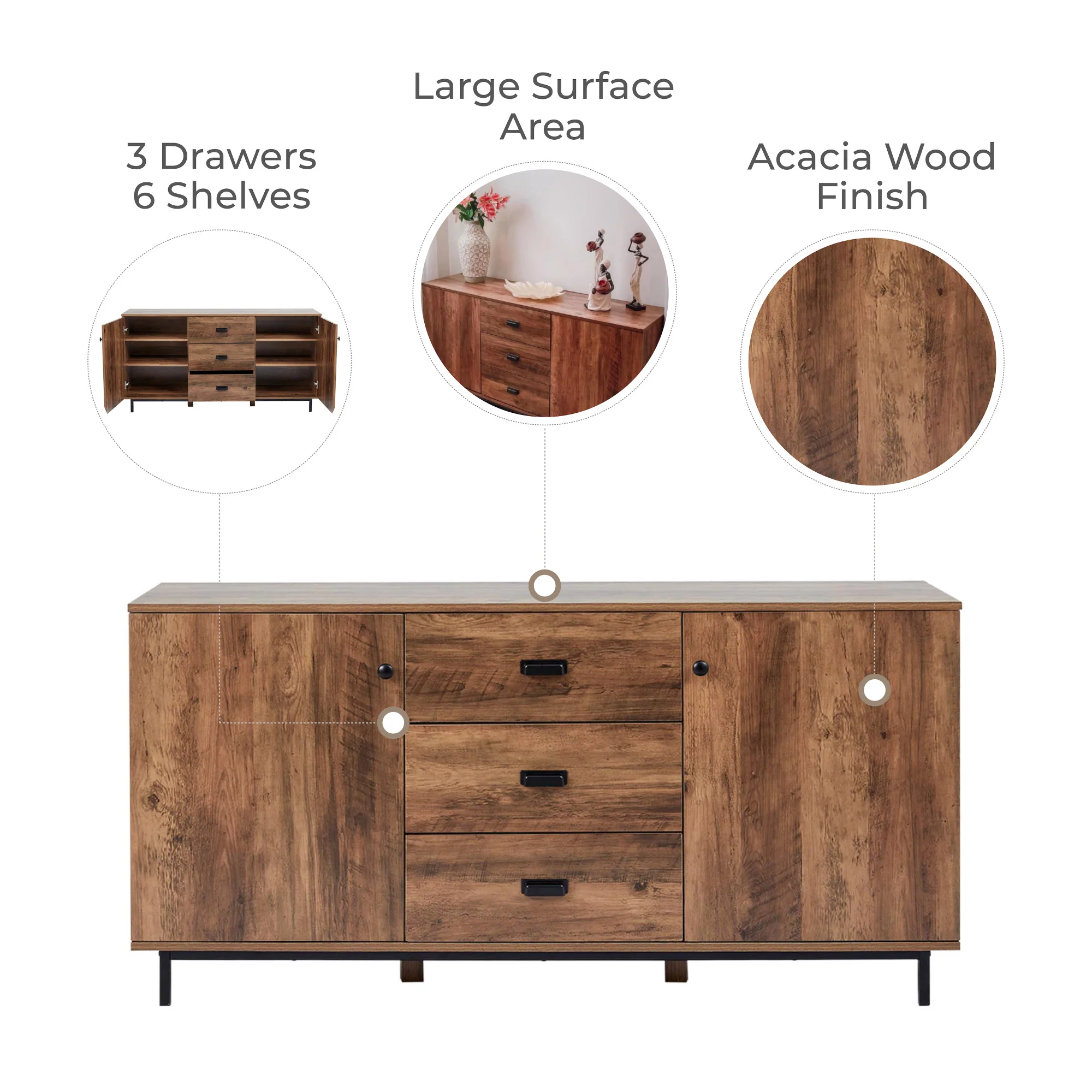 Teamson Home Brooklyn Sideboard with Storage Plus Metal Legs and Handles, Brown Acacia- FINAL SALE