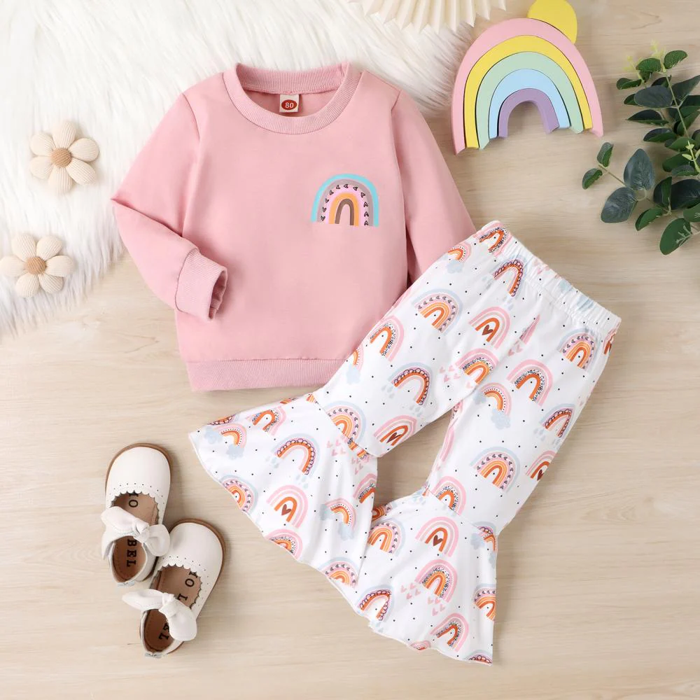 Autumn Girls' Rainbow Print Long Sleeve Round Neck Sweater Flare Pants 2 Piece Set Wholesale Girls Clothing