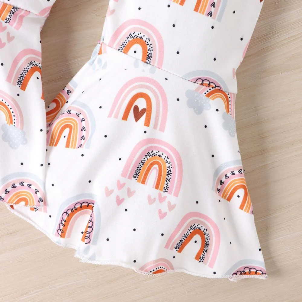 Autumn Girls' Rainbow Print Long Sleeve Round Neck Sweater Flare Pants 2 Piece Set Wholesale Girls Clothing