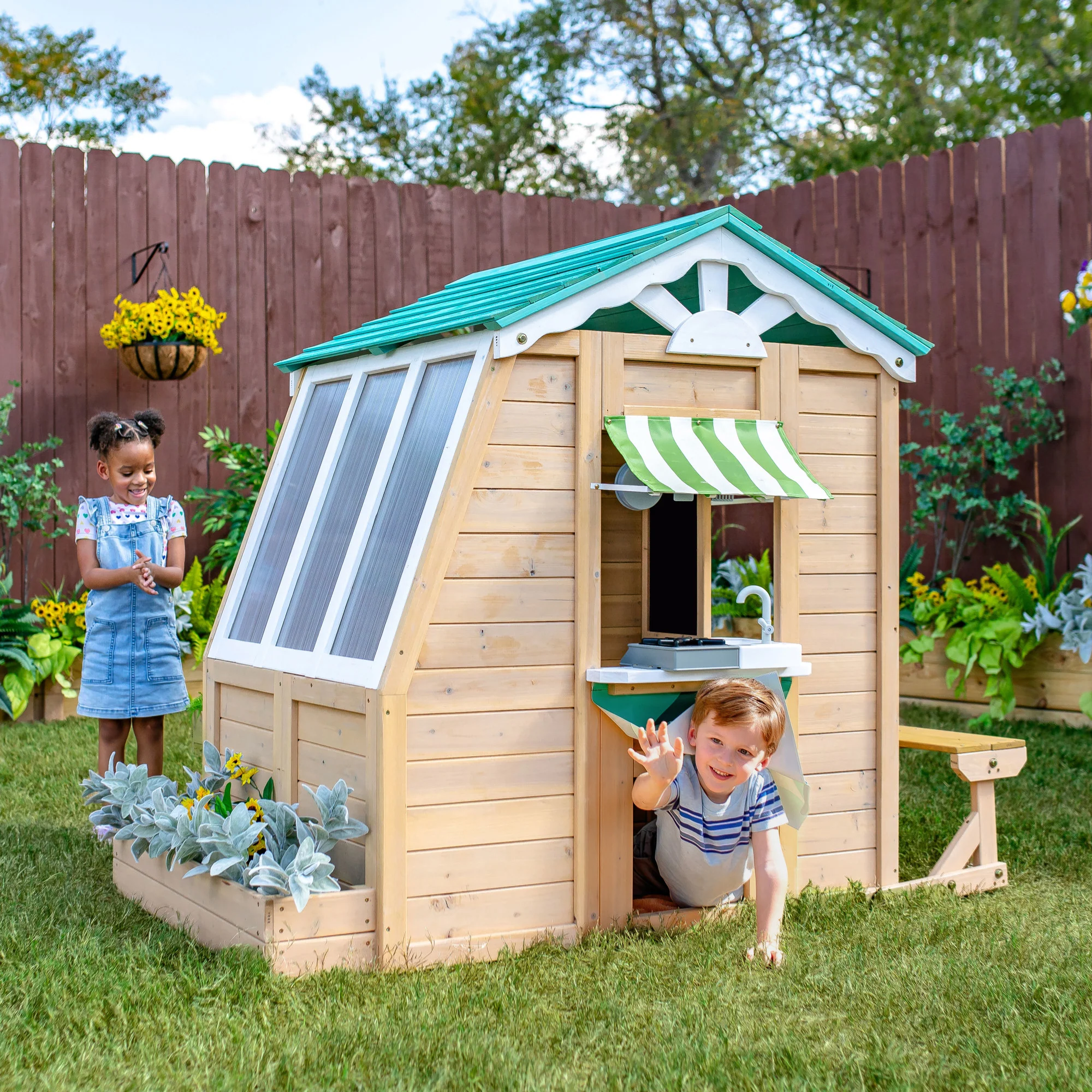 Teamson Kids Gardenia Wooden Playhouse with Garden Window, Tan & Green