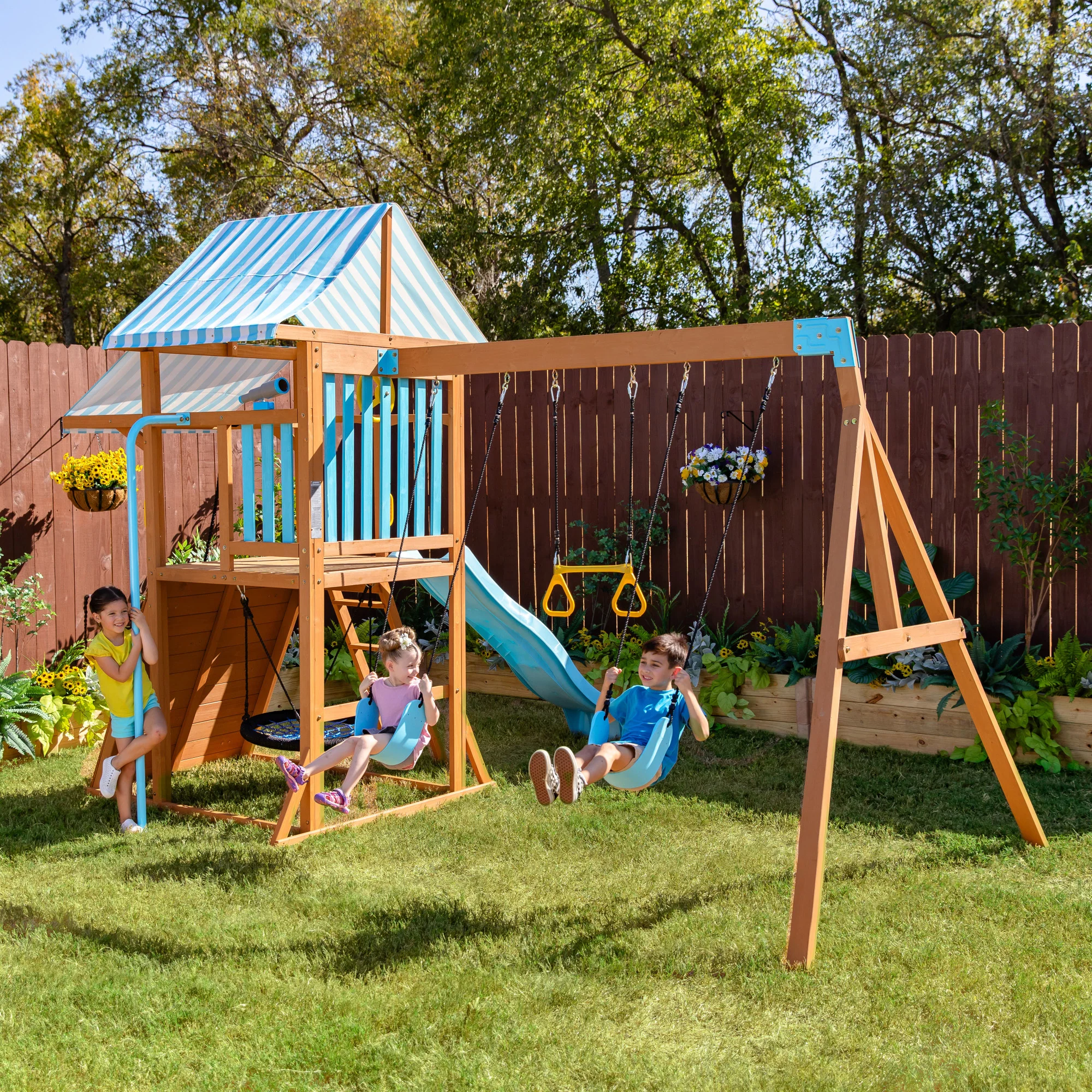 Teamson Kids Laguna Swing Playset with Platform & Rock Wall, Aqua & Natural