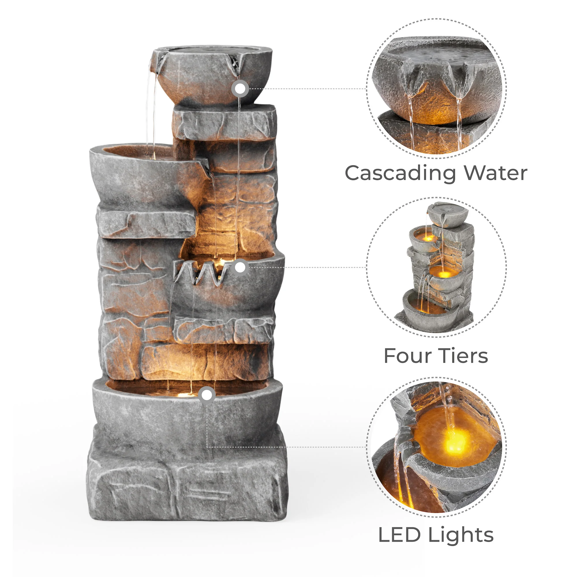 Teamson Home 33.25 Cascading Bowls & Stacked Stones LED Outdoor Water Fountain, Gray