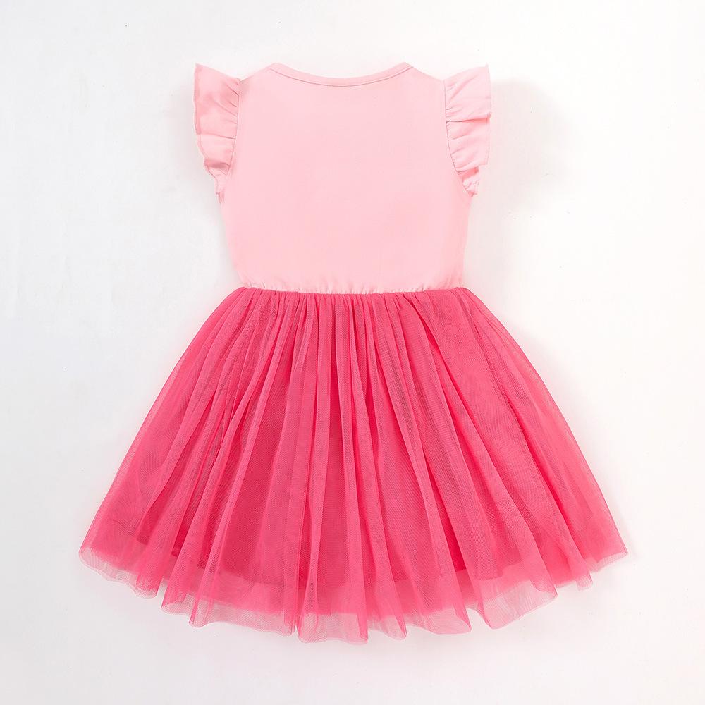 Girls' Summer Flying Sleeve Printed Cartoon Dress Pink Mesh Princess Dress Wholesale Girls Dresses