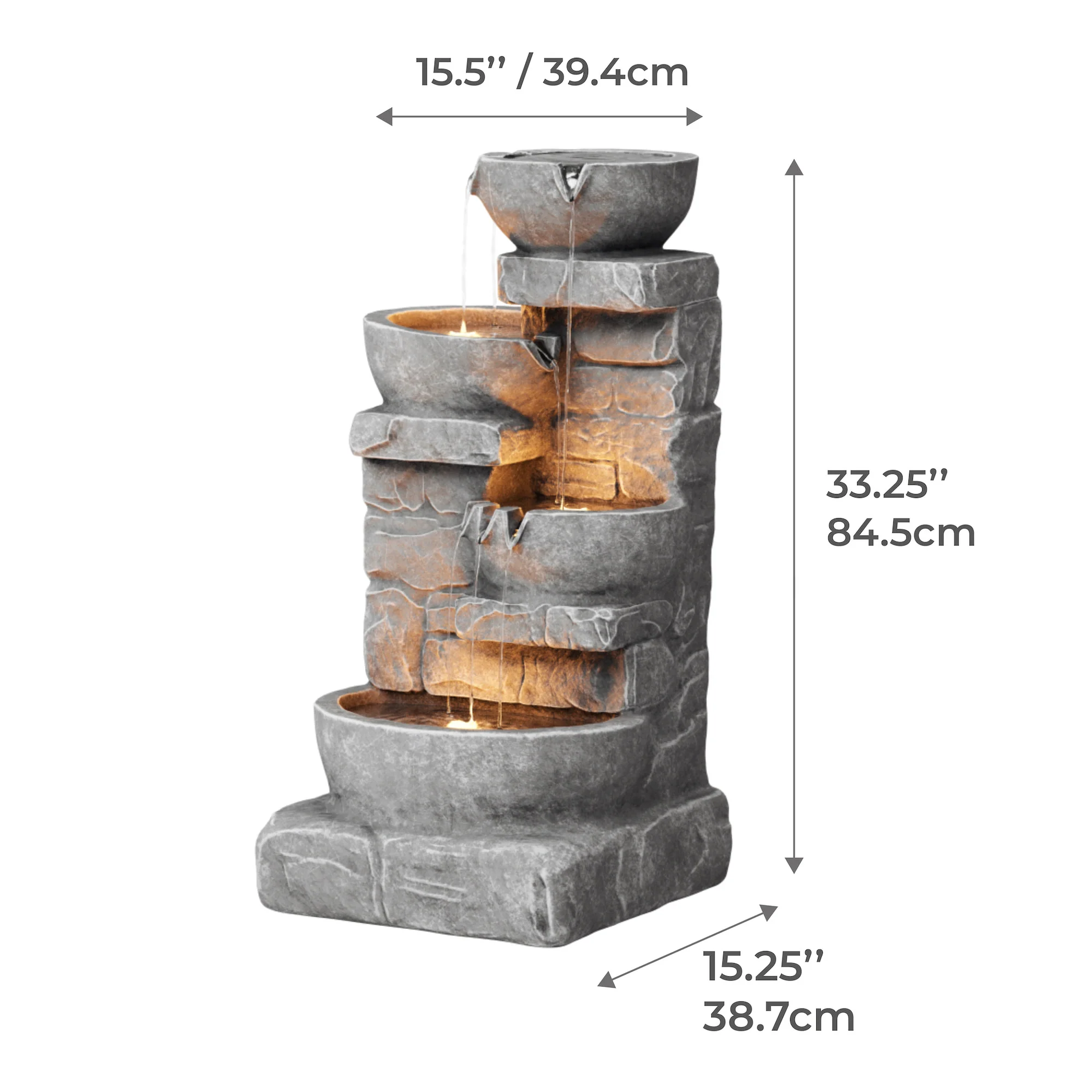 Teamson Home 33.25 Cascading Bowls & Stacked Stones LED Outdoor Water Fountain, Gray