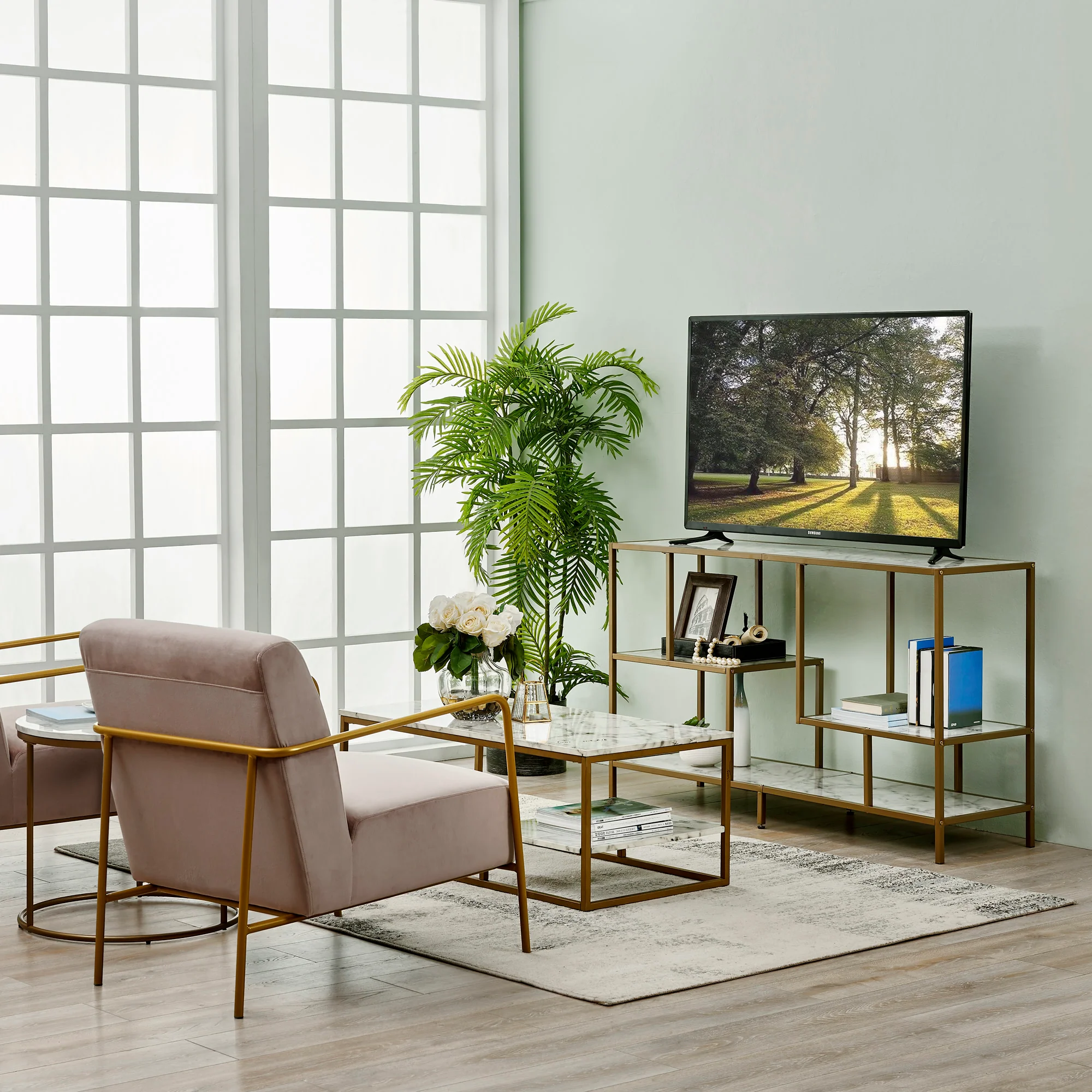 Teamson Home Marmo Modern Media Stand & Console Table, White/Brass -FINAL SALE