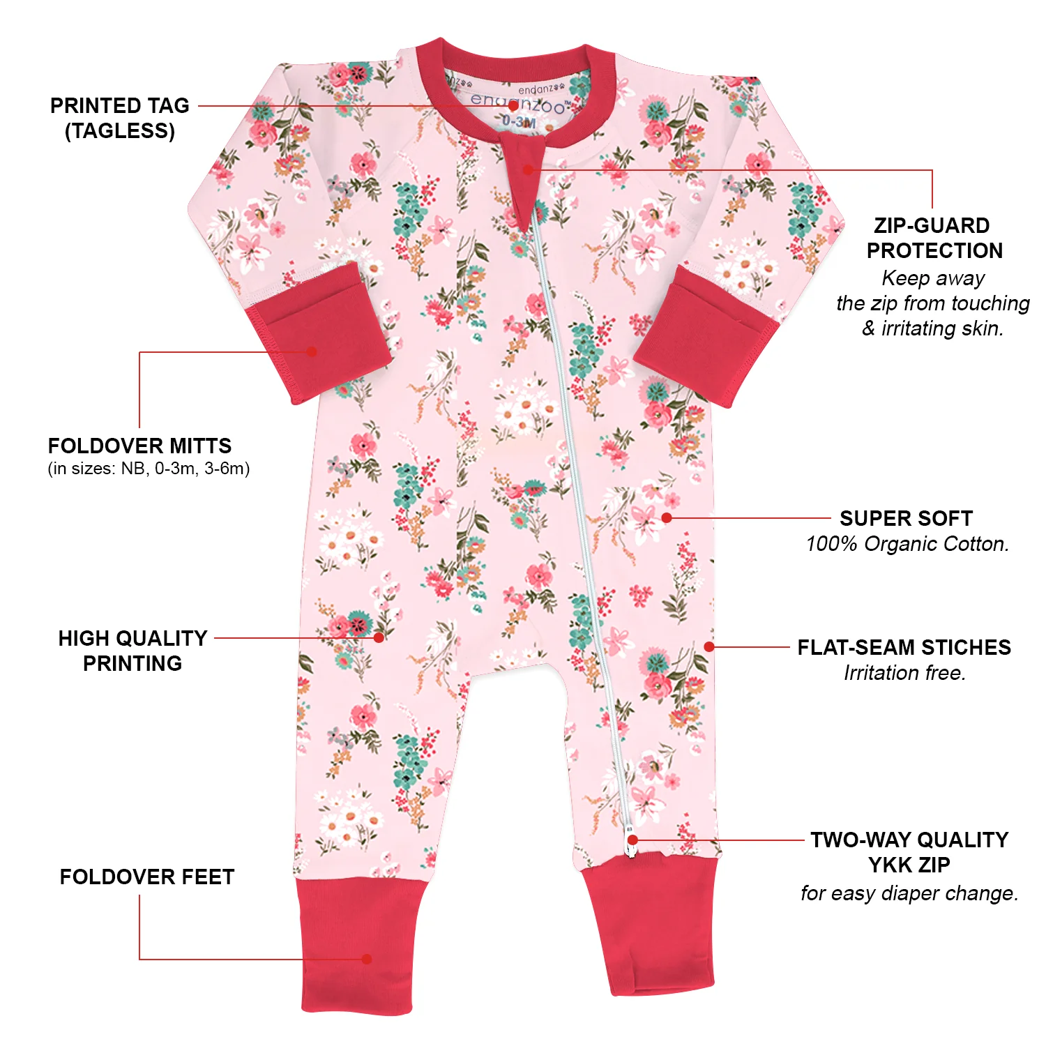 Endanzoo Organic Long Sleeve Double Zippered Romper - Pink Blossom