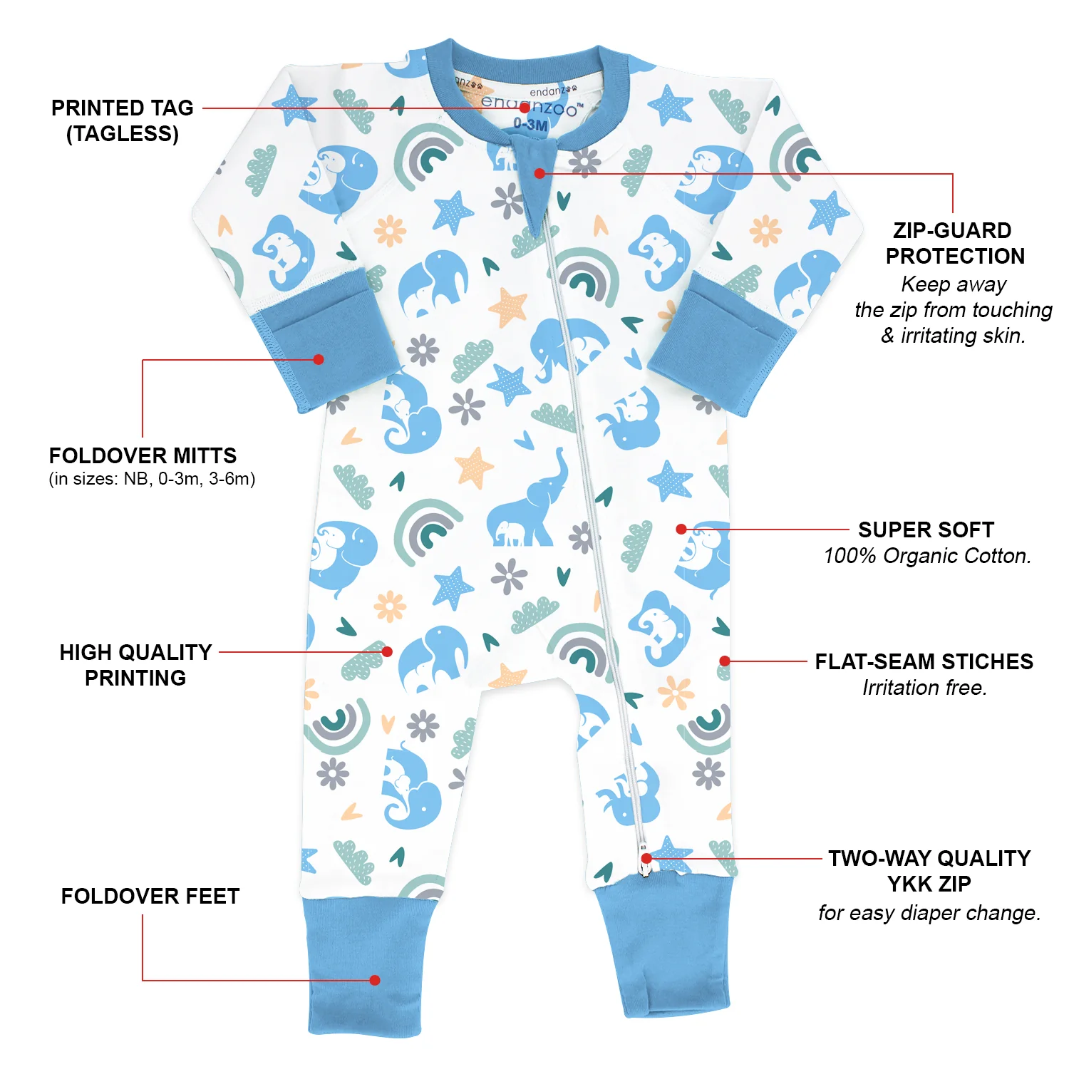 Endanzoo Organic Long Sleeve Double Zippered Romper - Elephant Love