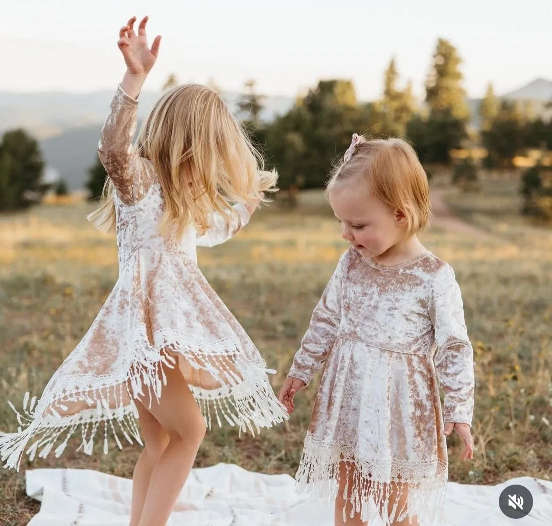 Indi Boho Velvet Dress in Beige