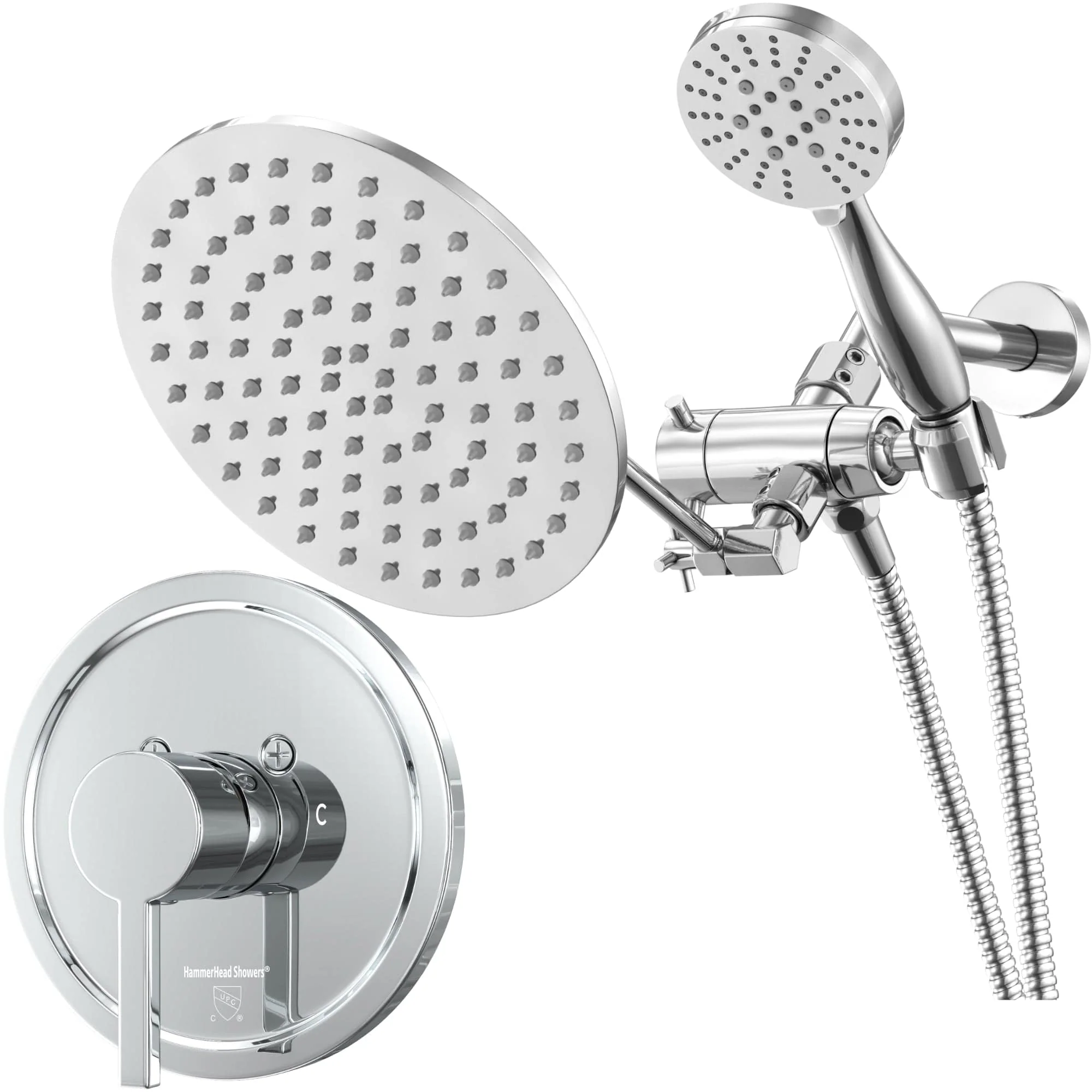 1-Handle Valve and Trim Shower System with 3-Spray Dual Shower Head and Adjustable Arm
