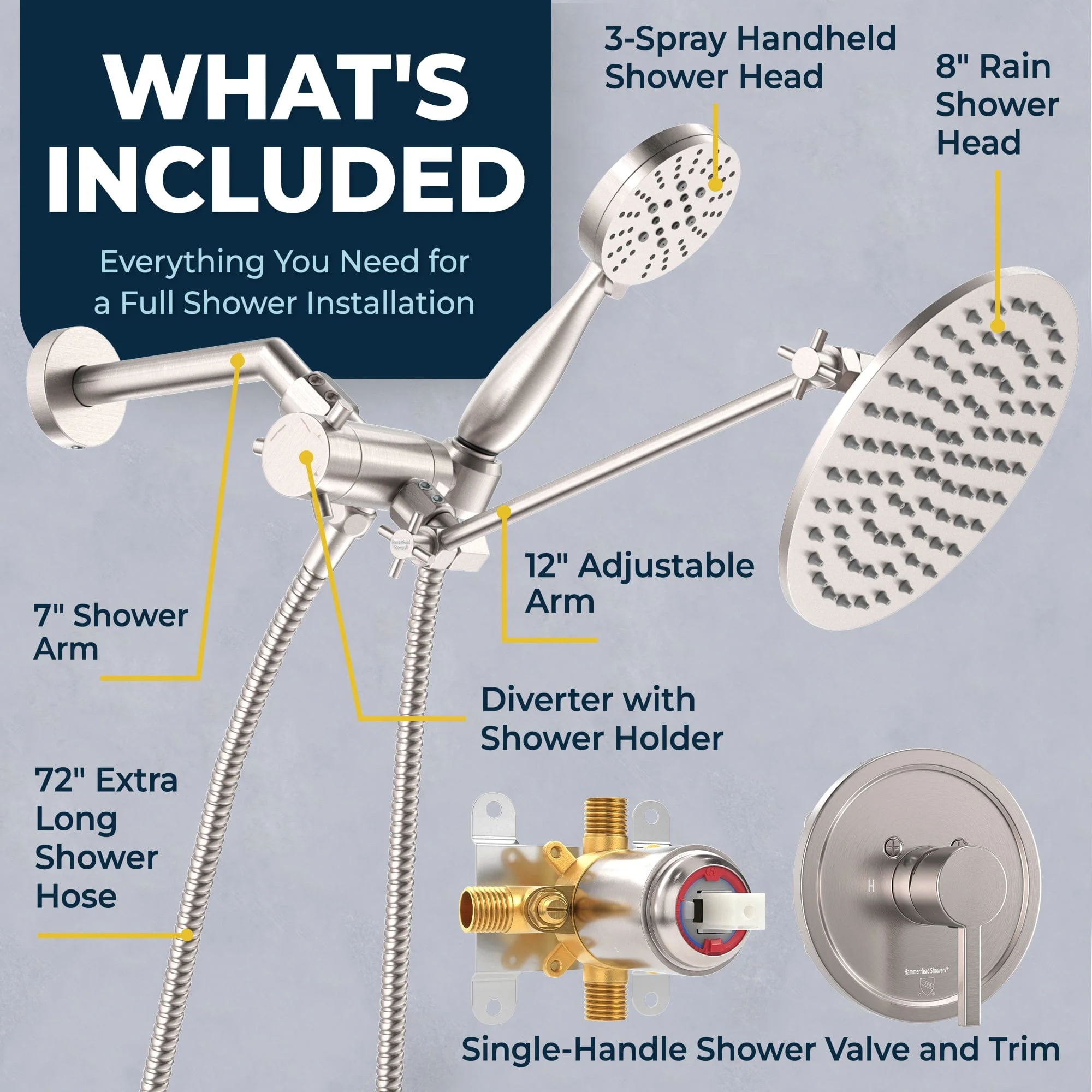 1-Handle Valve and Trim Shower System with 3-Spray Dual Shower Head and Adjustable Arm