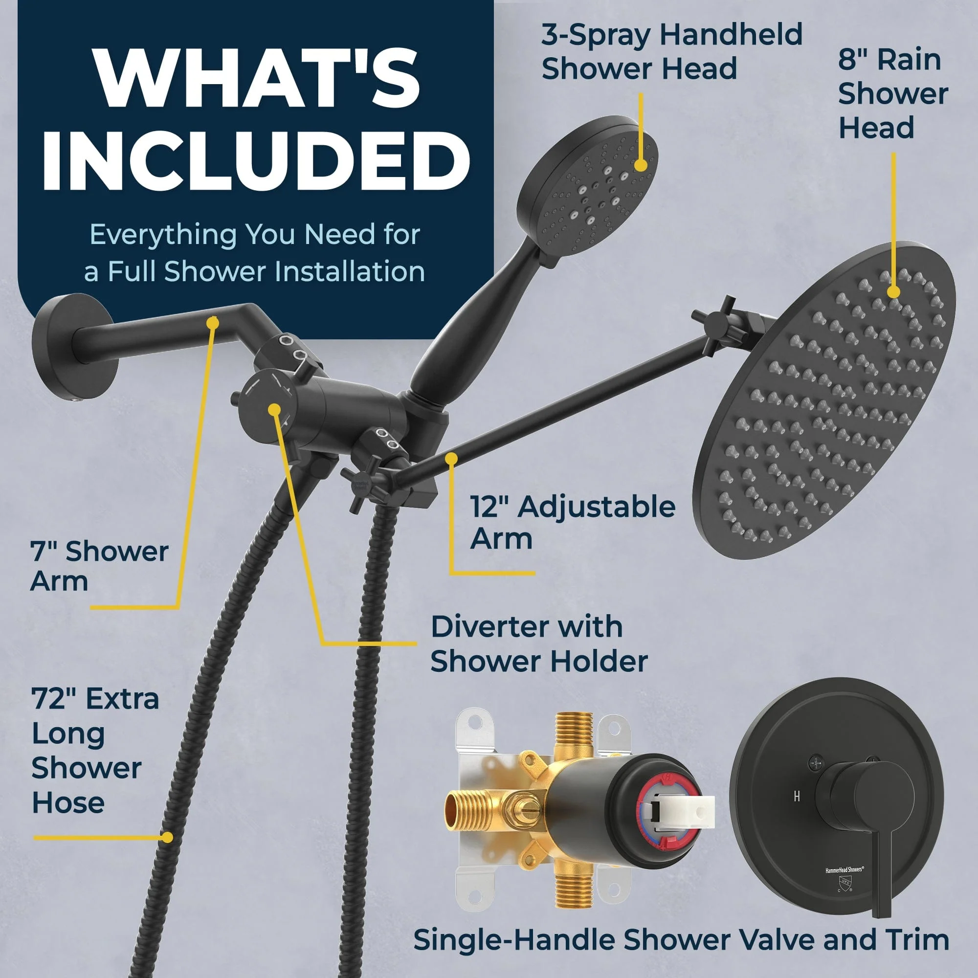 1-Handle Valve and Trim Shower System with 3-Spray Dual Shower Head and Adjustable Arm