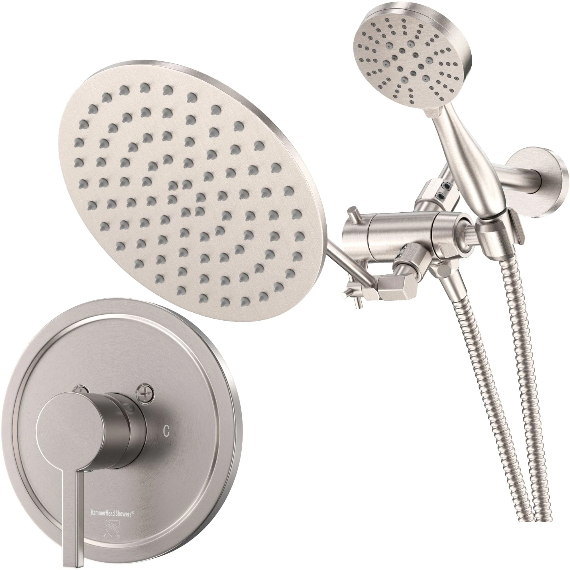 1-Handle Valve and Trim Shower System with 3-Spray Dual Shower Head and Adjustable Arm