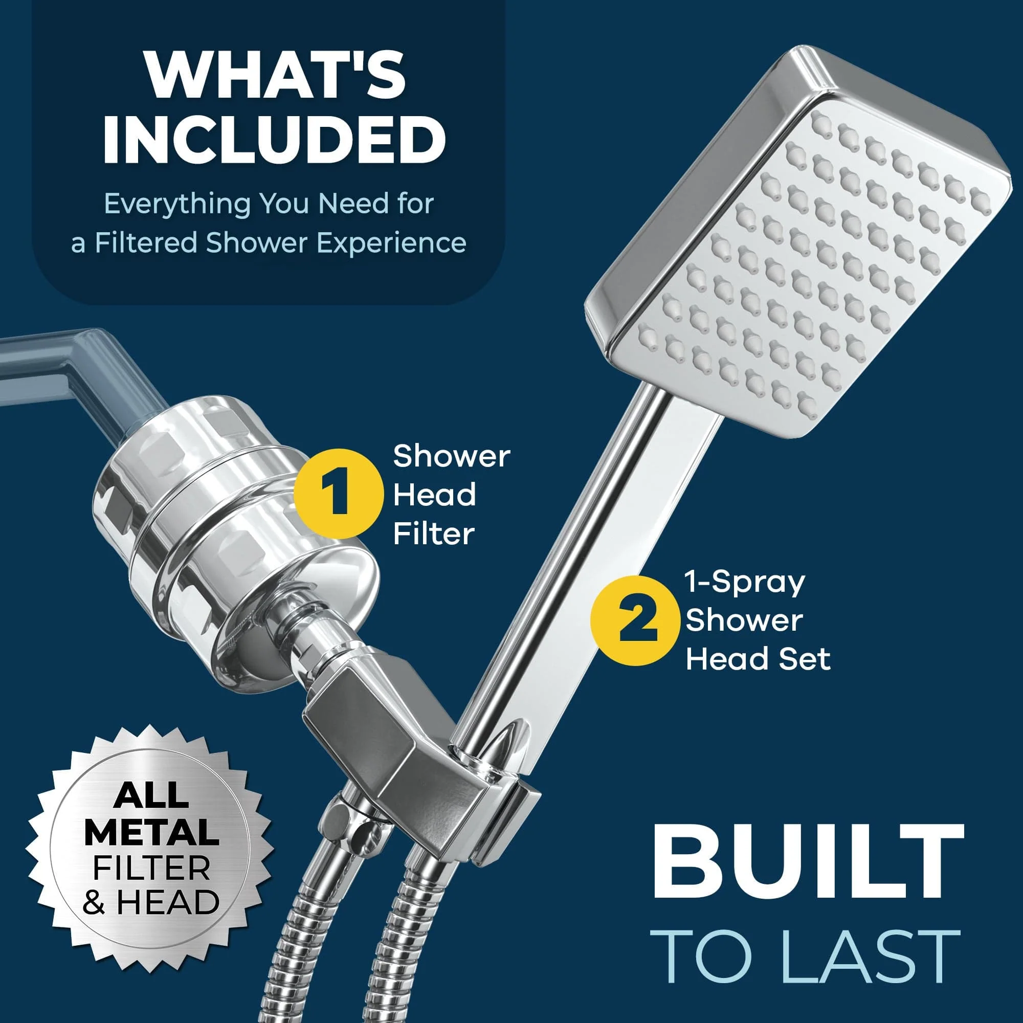 1-Spray Square Handheld Shower Head Set with Shower Head Filter