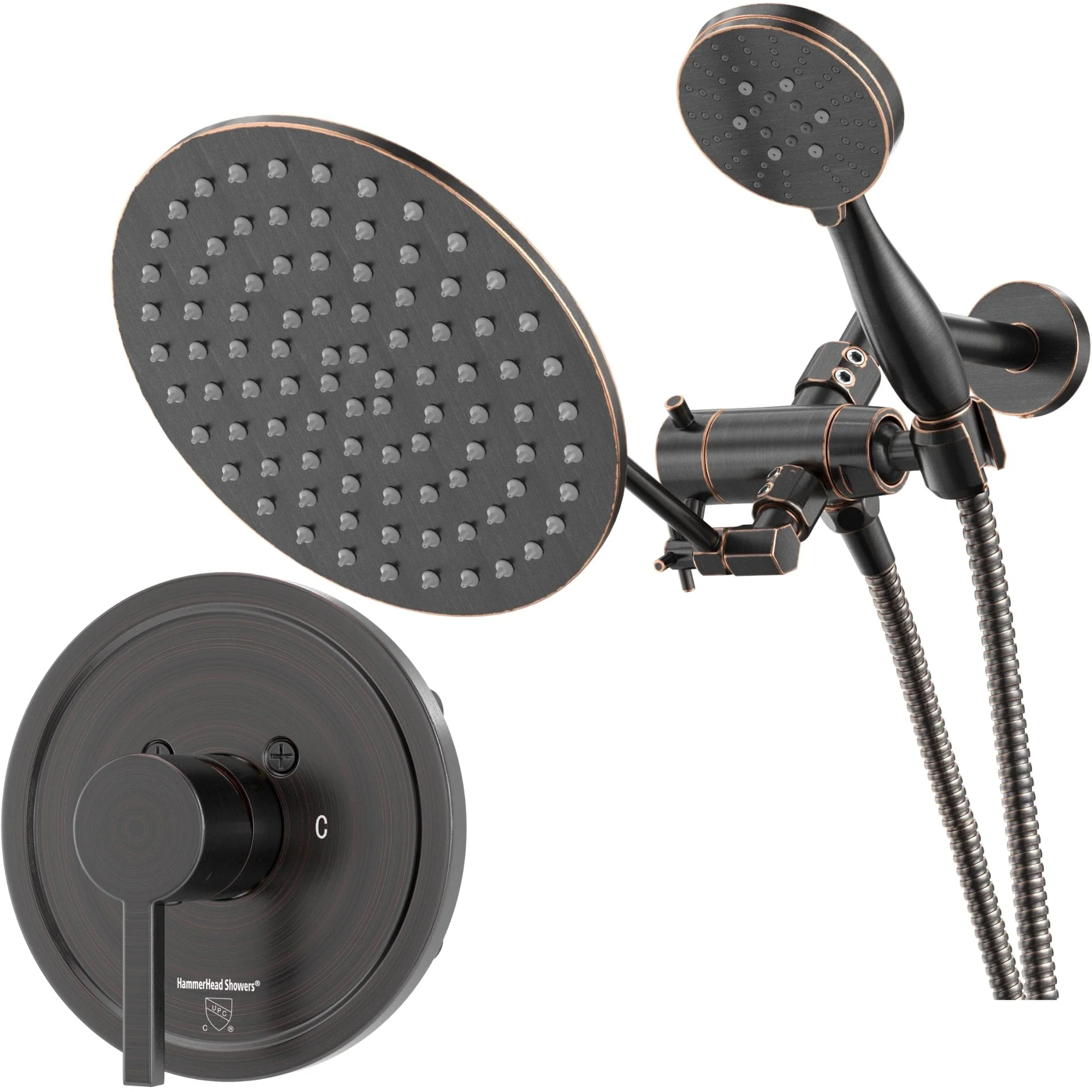 1-Handle Valve and Trim Shower System with 3-Spray Dual Shower Head and Adjustable Arm