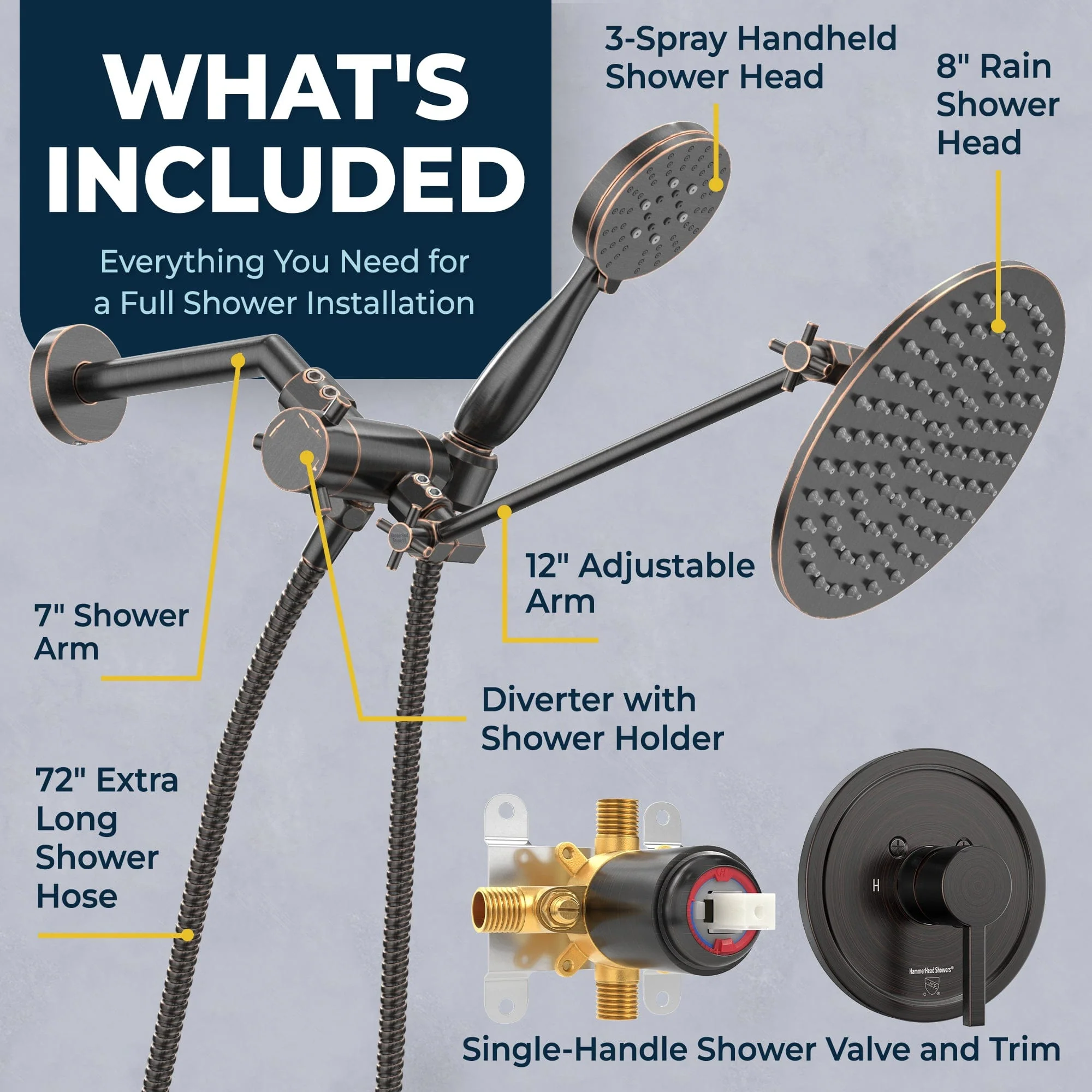 1-Handle Valve and Trim Shower System with 3-Spray Dual Shower Head and Adjustable Arm