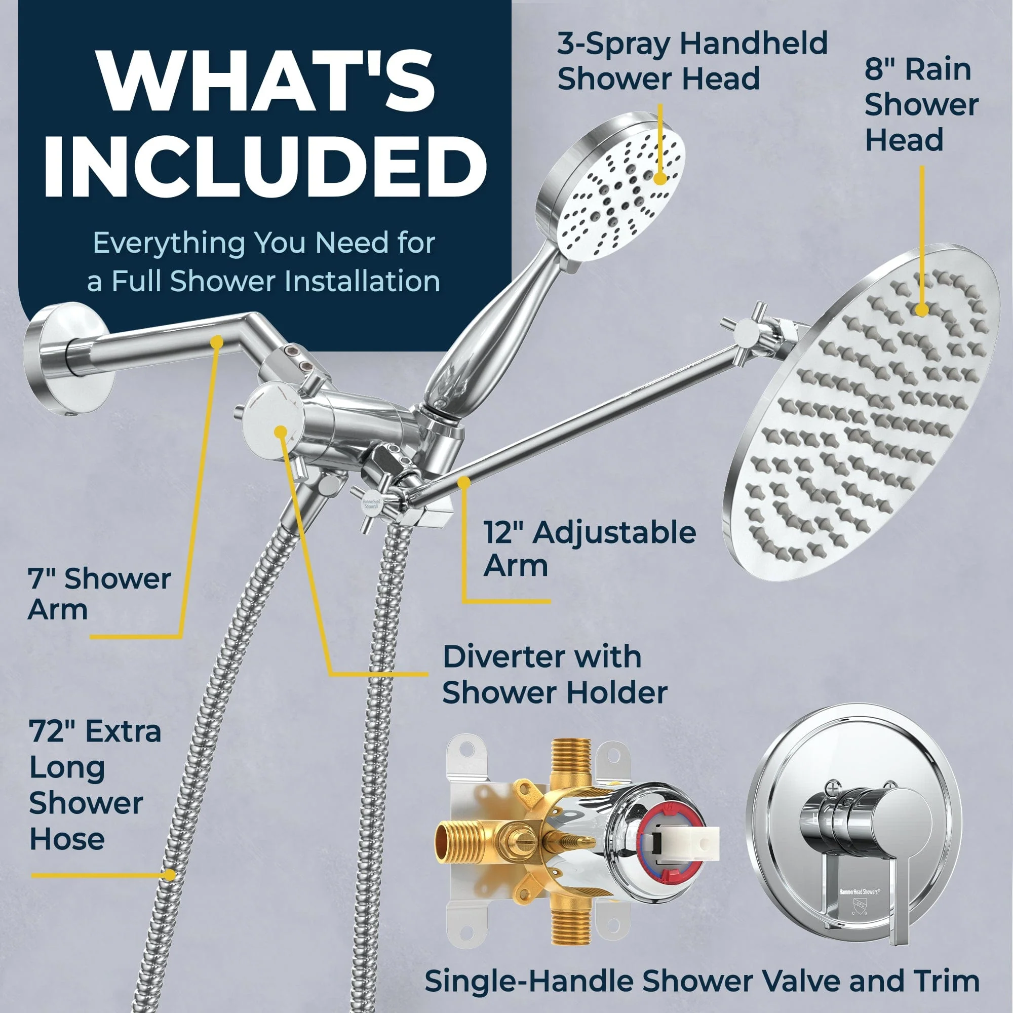 1-Handle Valve and Trim Shower System with 3-Spray Dual Shower Head and Adjustable Arm