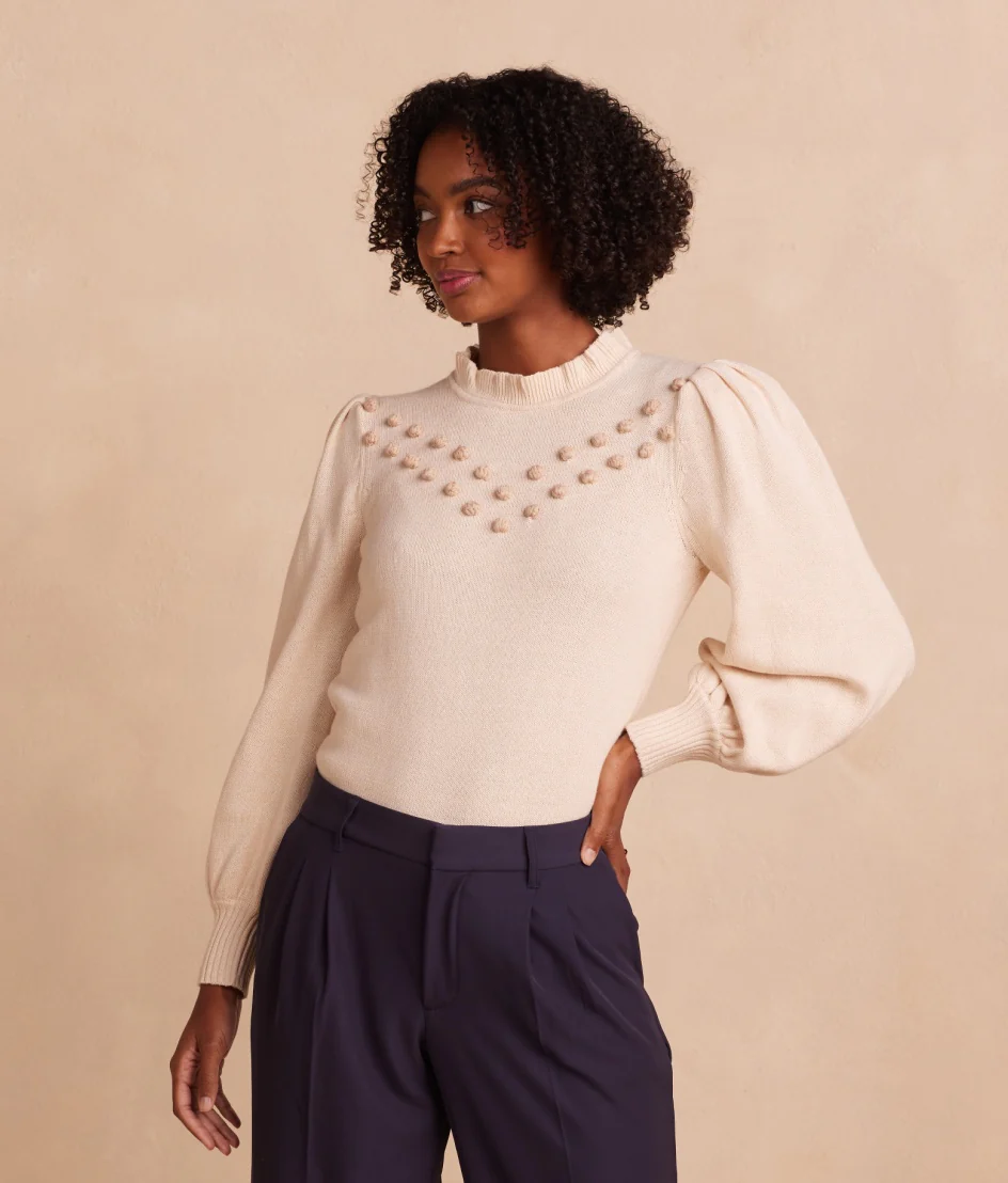 The Year-Round Balloon Sleeve Pompom Sweater - Dune