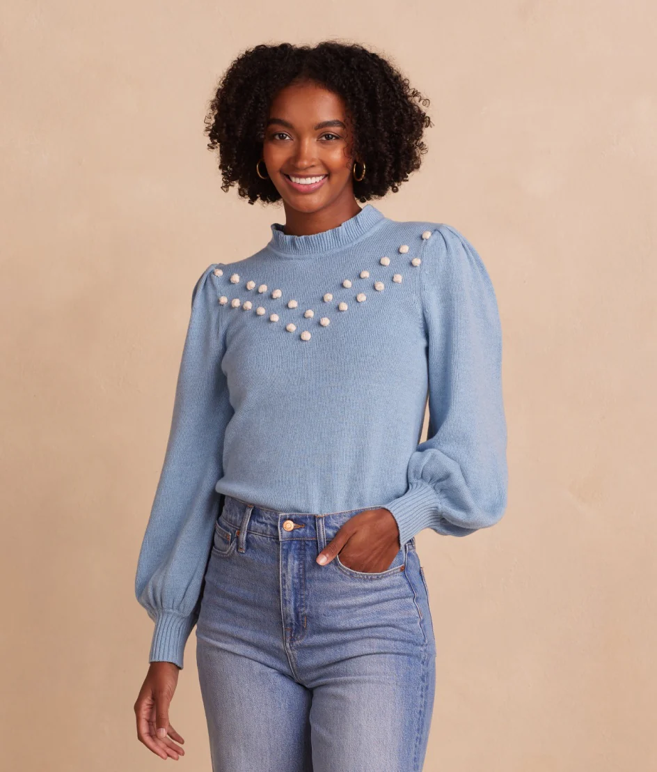 The Year-Round Balloon Sleeve Pompom Sweater - Glacier