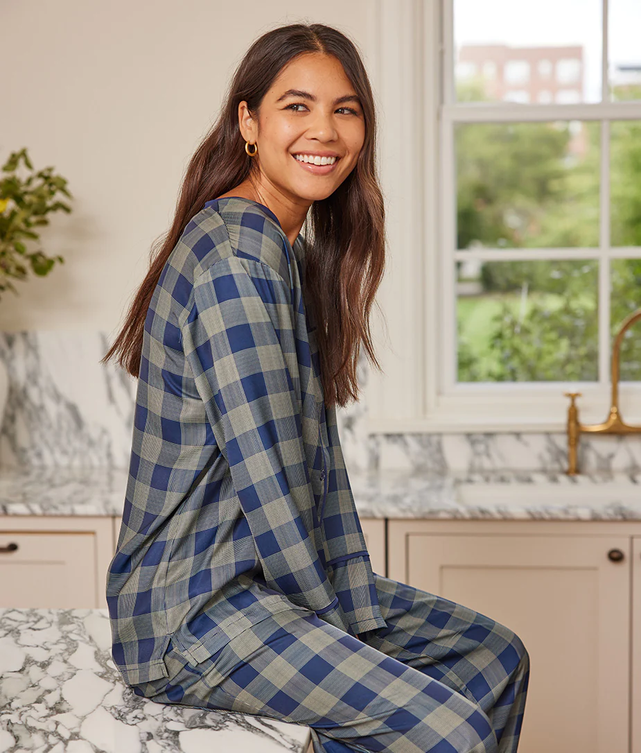 The Cloud 9 Silky Pajama Set - Buffalo Check in Deep Sea & Gold