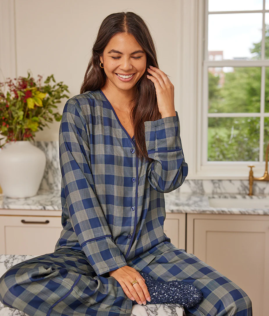 The Cloud 9 Silky Pajama Set - Buffalo Check in Deep Sea & Gold