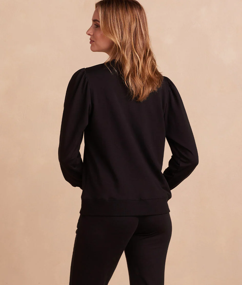 The Softest French Terry Contrast Puff-Sleeve Pullover - Sea Urchin & White Sand