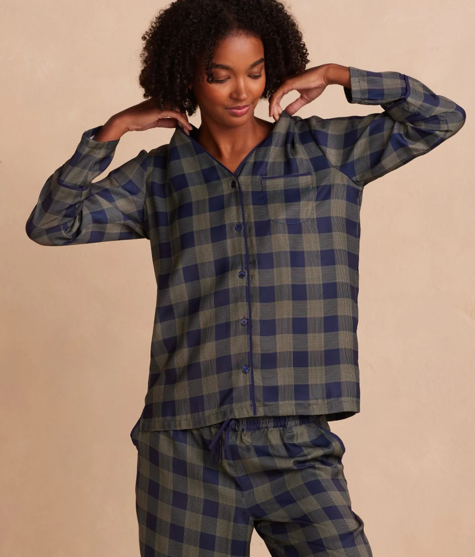 The Cloud 9 Silky Pajama Set - Buffalo Check in Deep Sea & Gold
