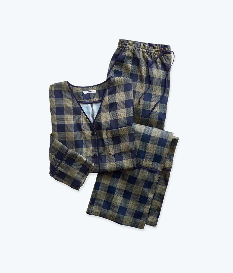 The Cloud 9 Silky Pajama Set - Buffalo Check in Deep Sea & Gold