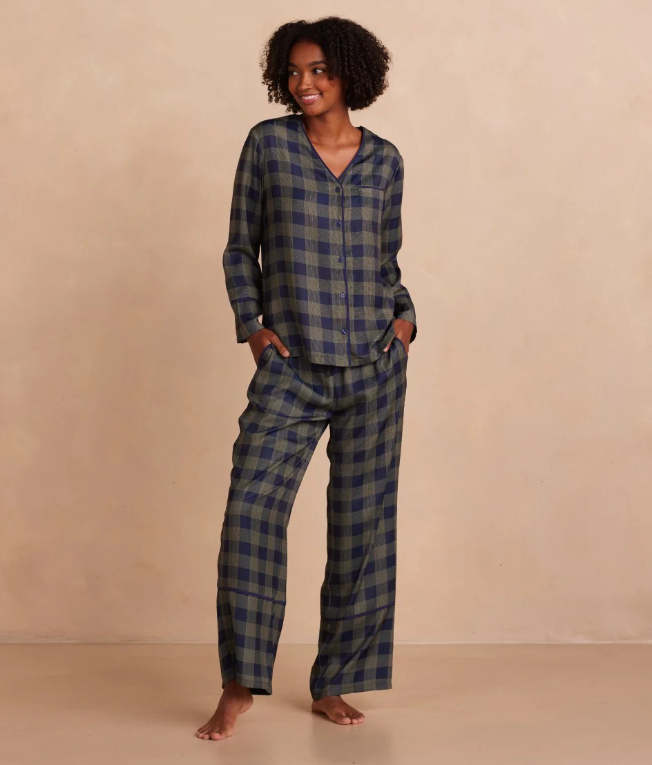 The Cloud 9 Silky Pajama Set - Buffalo Check in Deep Sea & Gold
