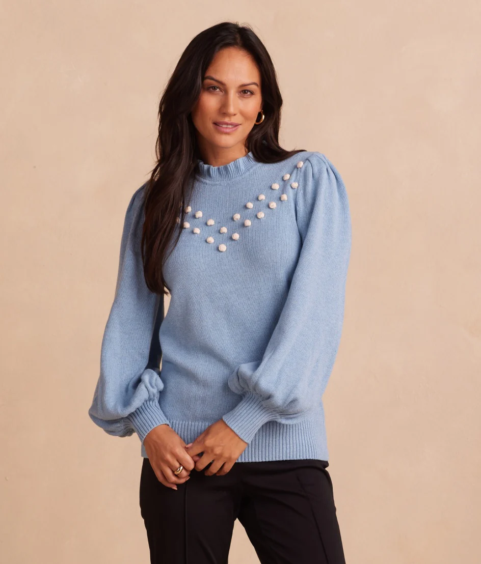 The Year-Round Balloon Sleeve Pompom Sweater - Glacier