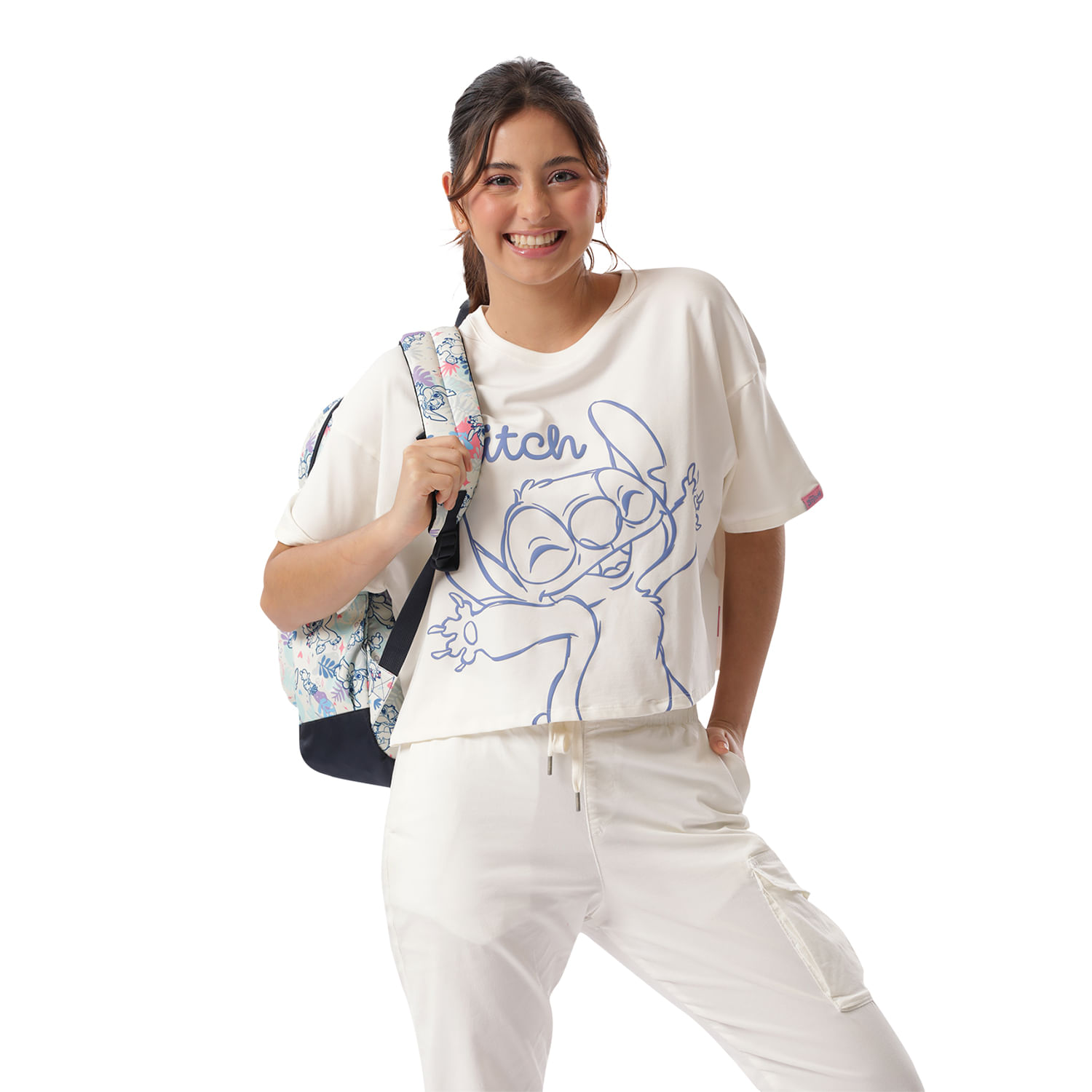 Camiseta Crop Top Estampada Stitch Aloha Blanca Brillante