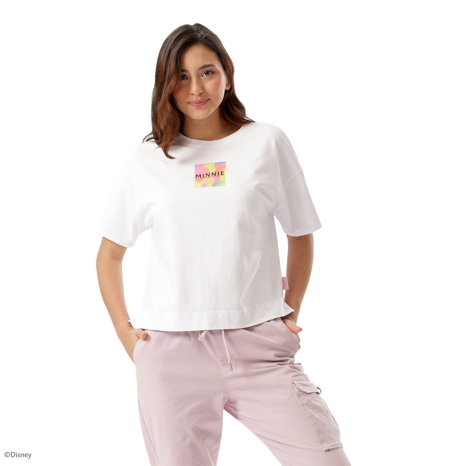 Camiseta Básica Blanca Mujer Minnie Mouse S-M cuello redondo
