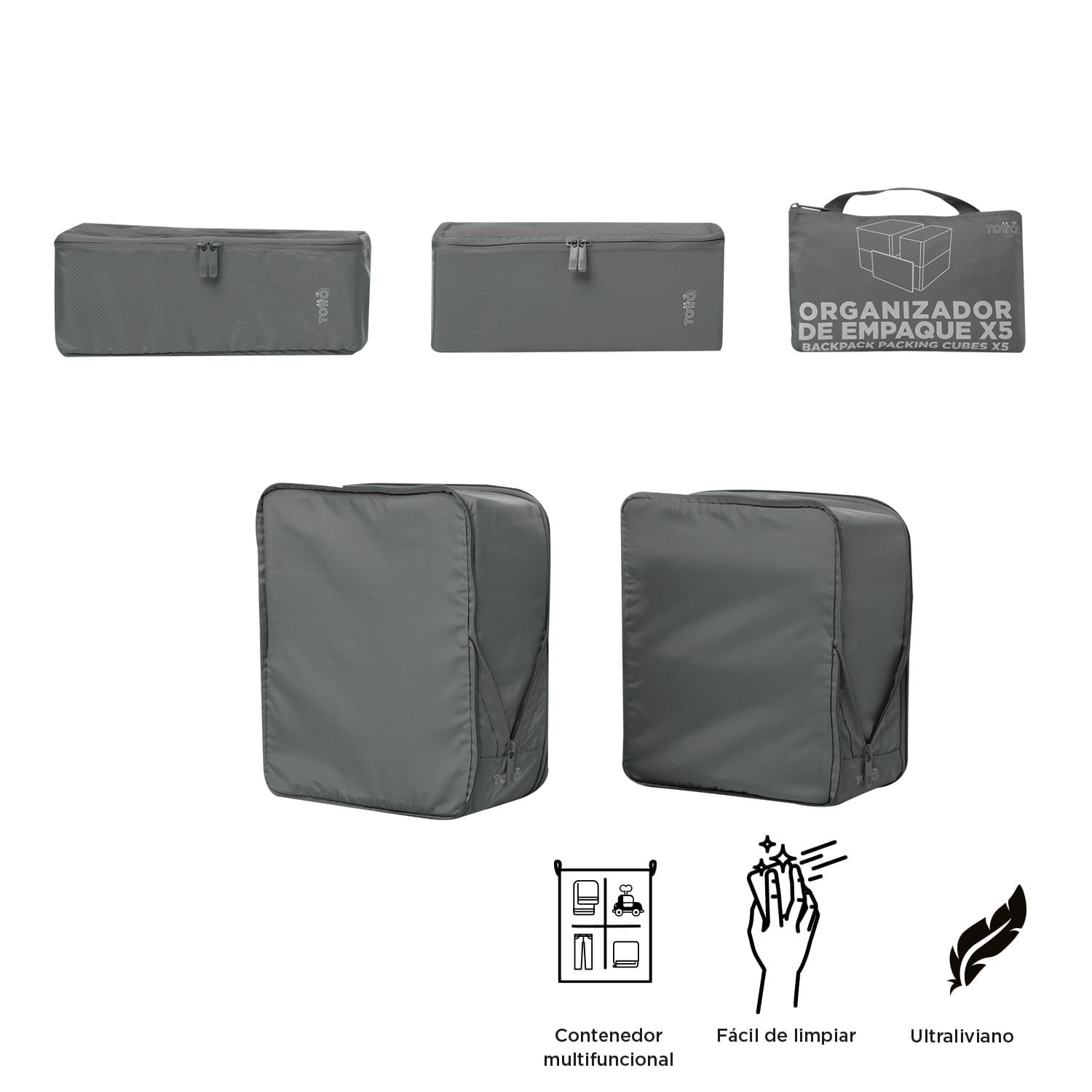 Organizador de viaje Packing cube x 5 Gris