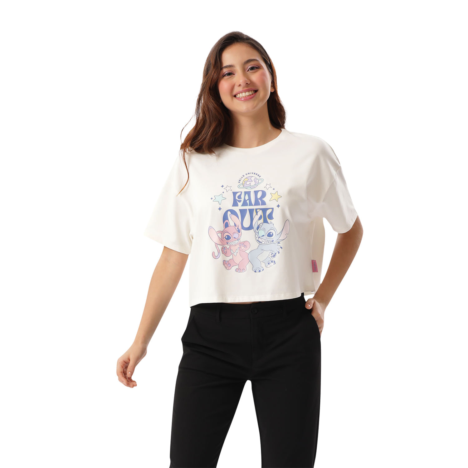 Camiseta Crop Top Estampada Stitch Teddy Blanca Brillante