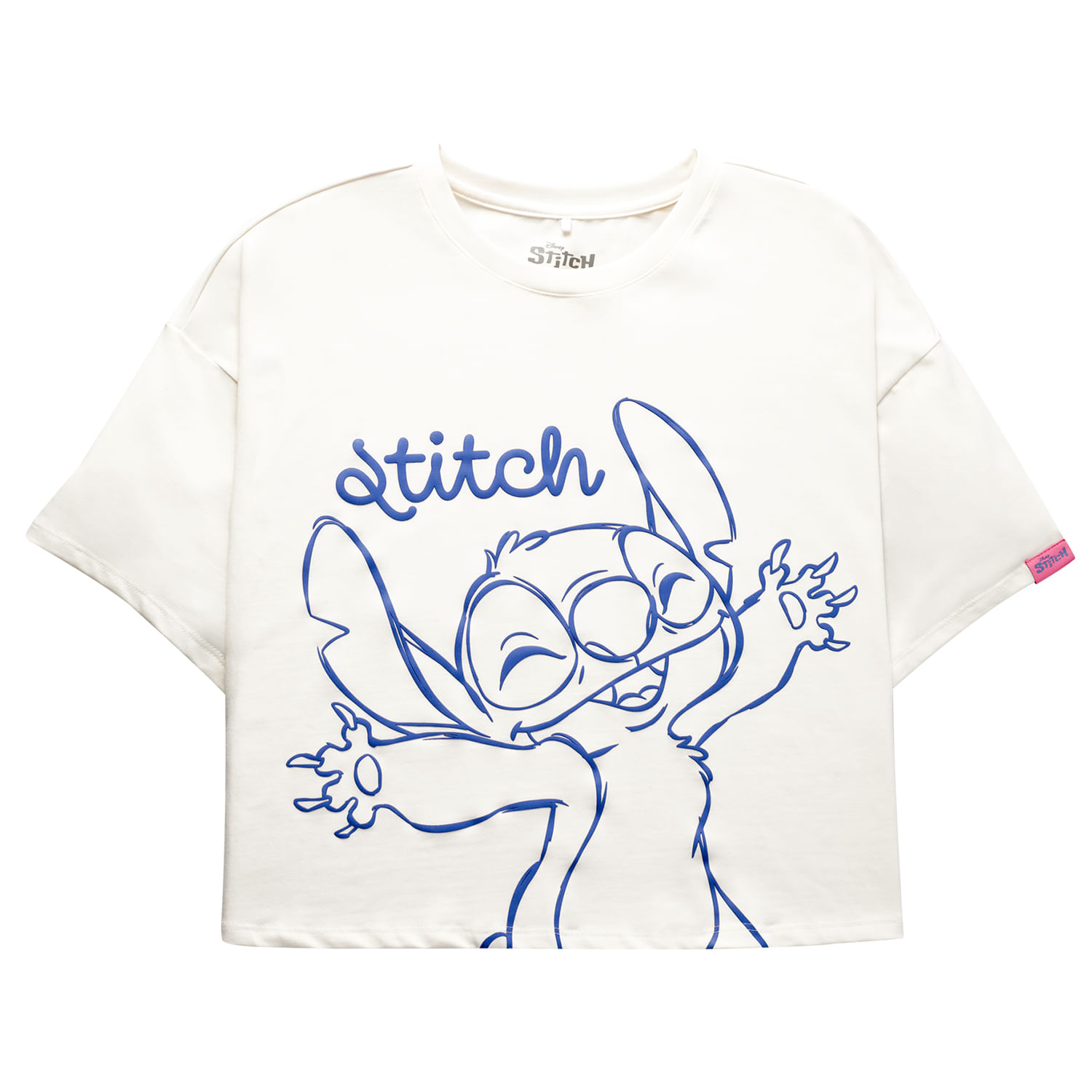 Camiseta Crop Top Estampada Stitch Aloha Blanca Brillante
