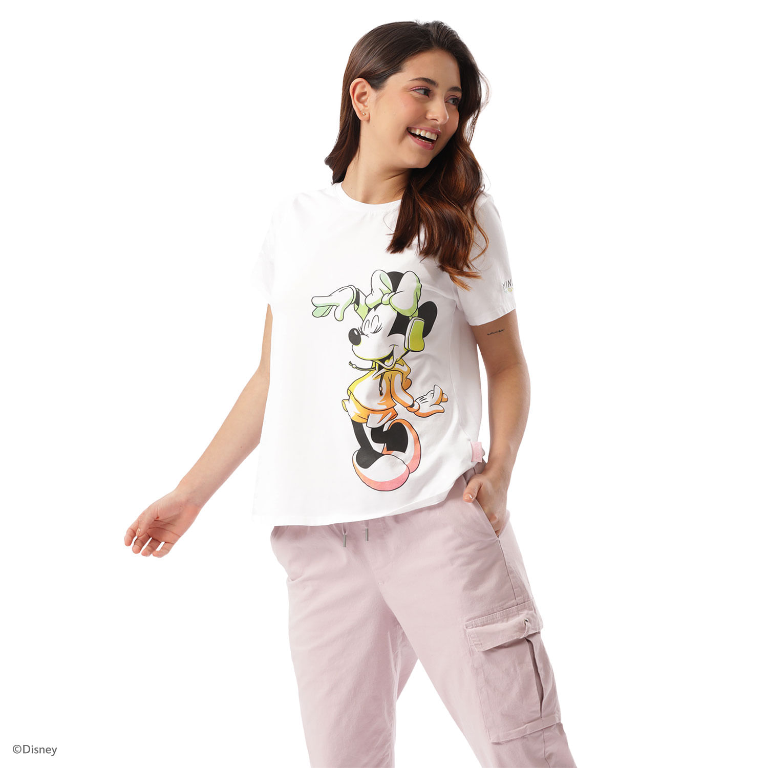 Camiseta Básica Blanca Mujer Minnie Mouse S-M cuello redondo