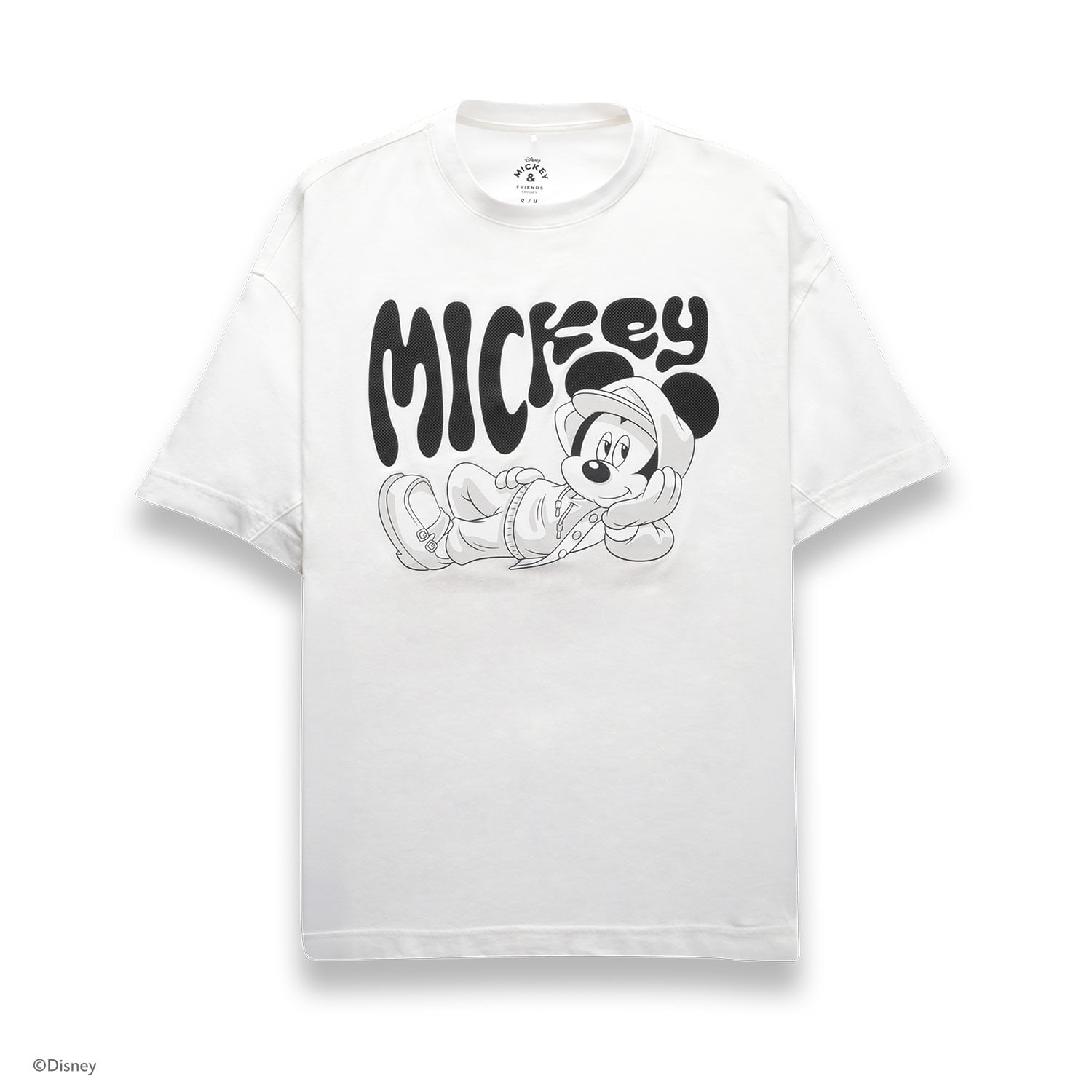 Camiseta Básica Blanca Hombre Mickey Mouse S-M cuello redondo