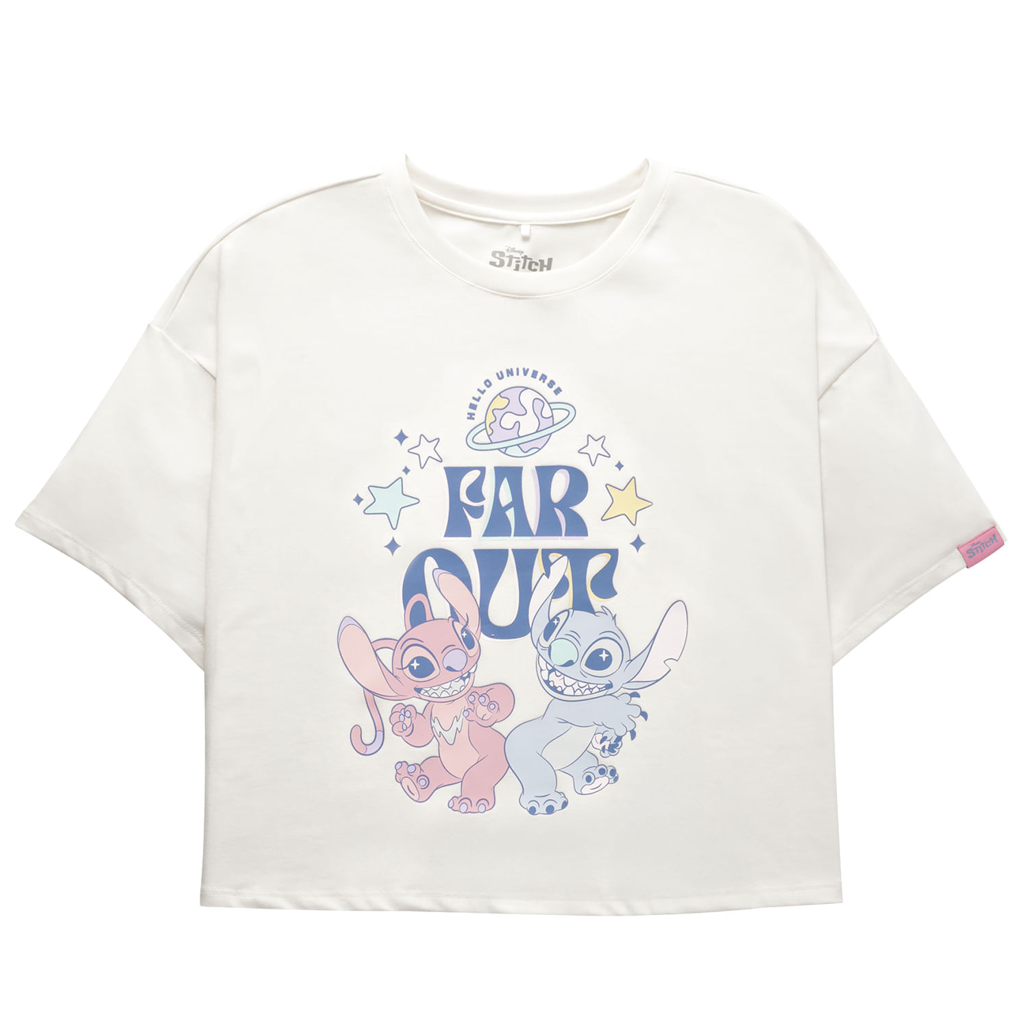 Camiseta Crop Top Estampada Stitch Teddy Blanca Brillante