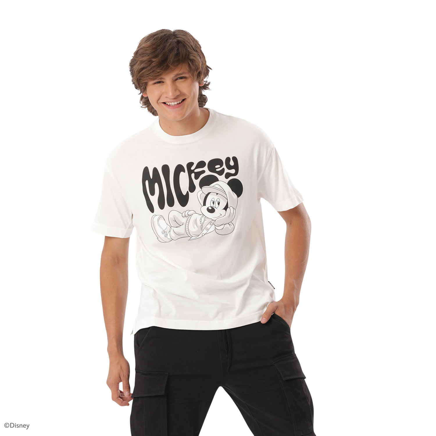 Camiseta Básica Blanca Hombre Mickey Mouse S-M cuello redondo