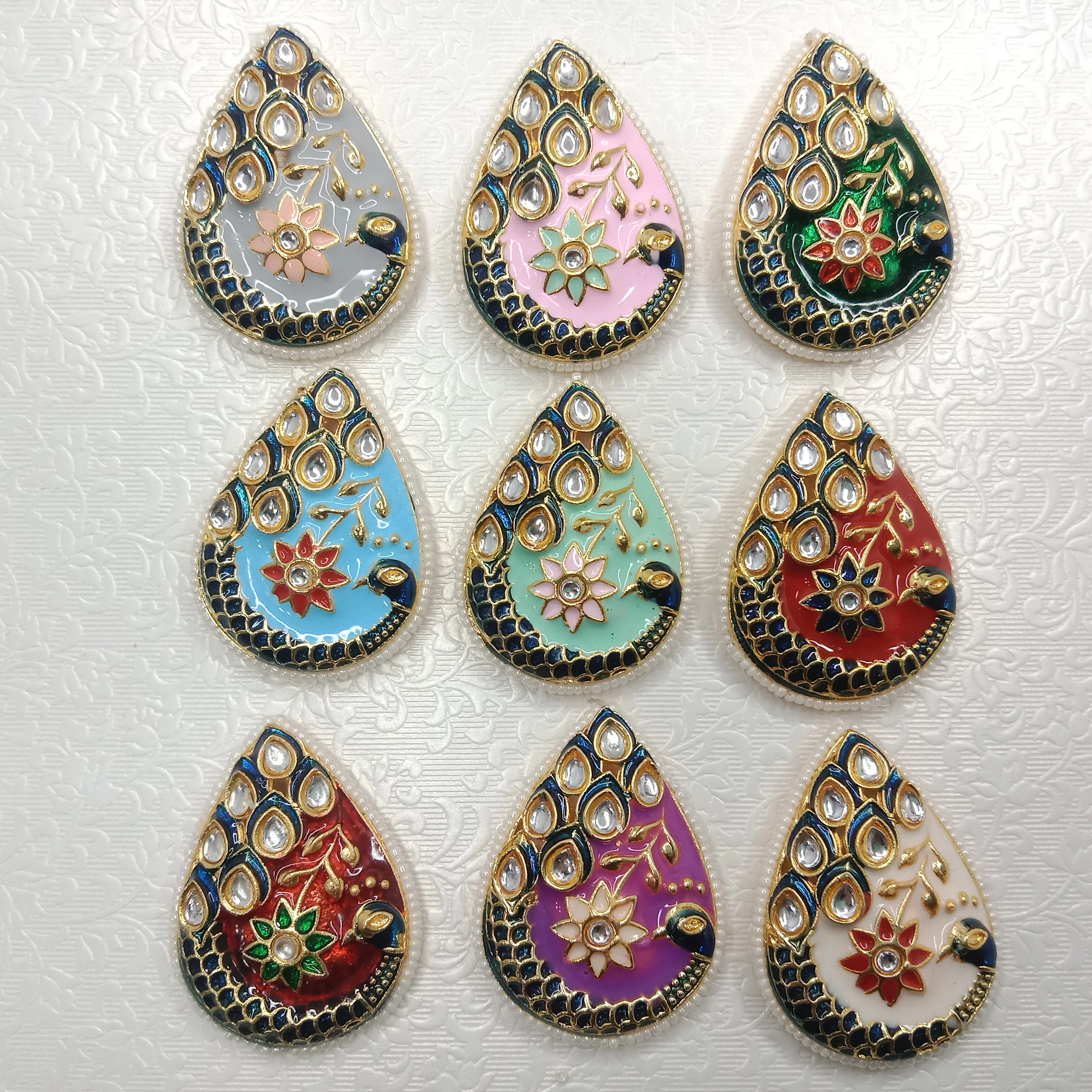 Meenakari peacock design kundan stone  pendant 4pcs
