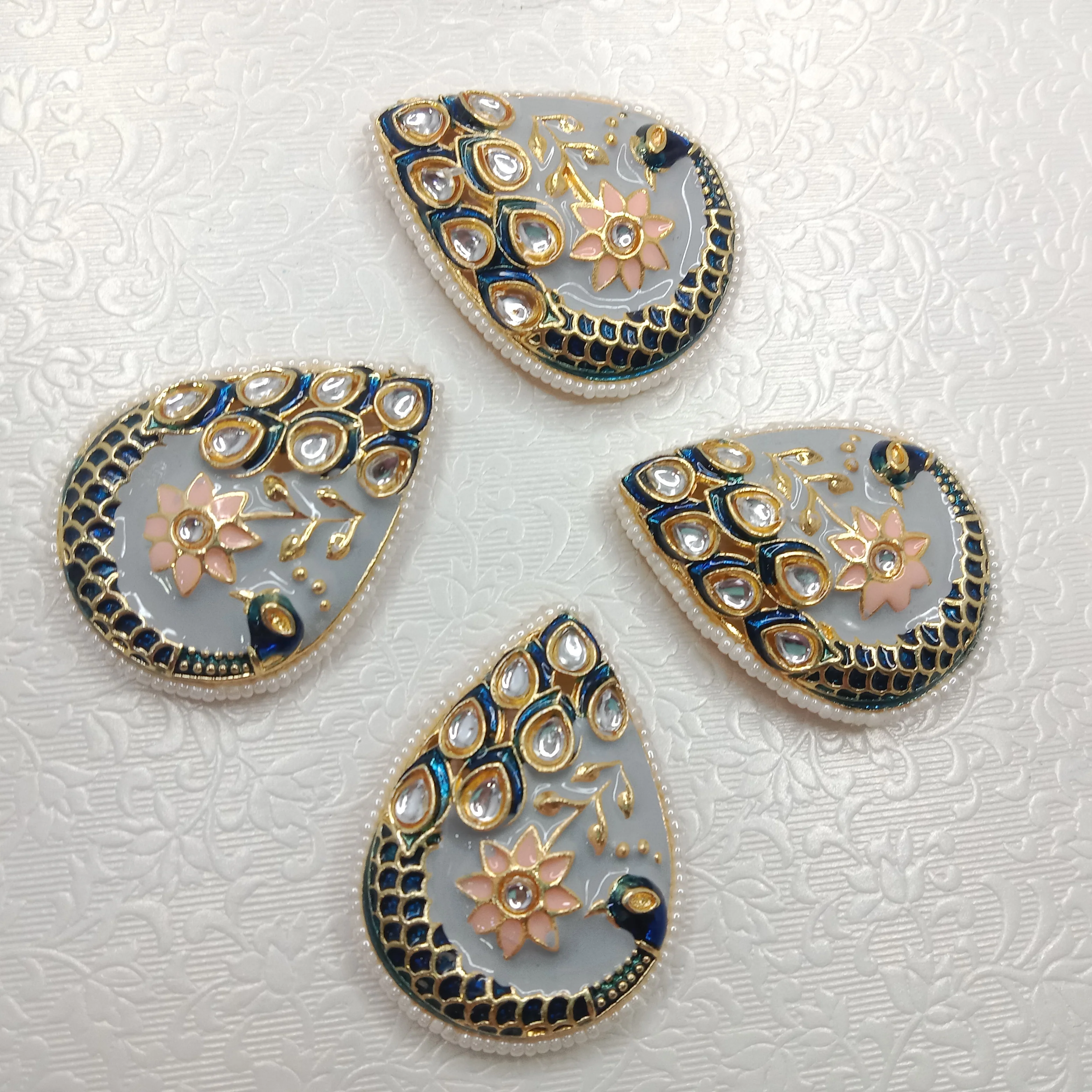Meenakari peacock design kundan stone  pendant 4pcs