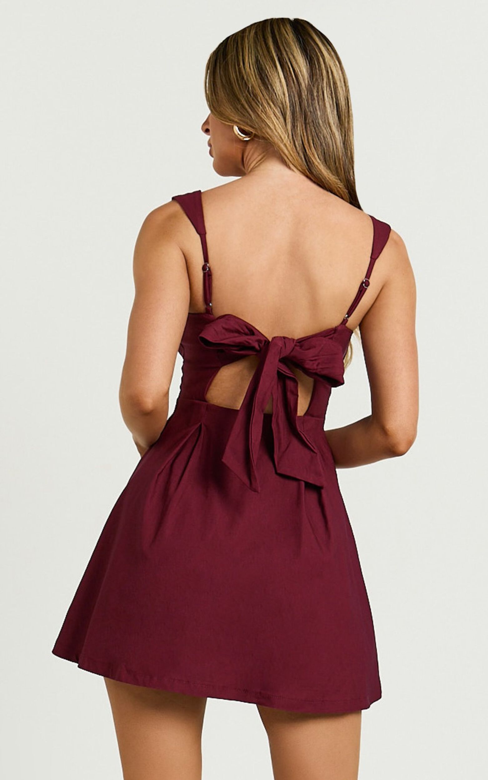 Ida Mini Dress - Wide Strap Straight Neck  Bow Back Dress in Berry