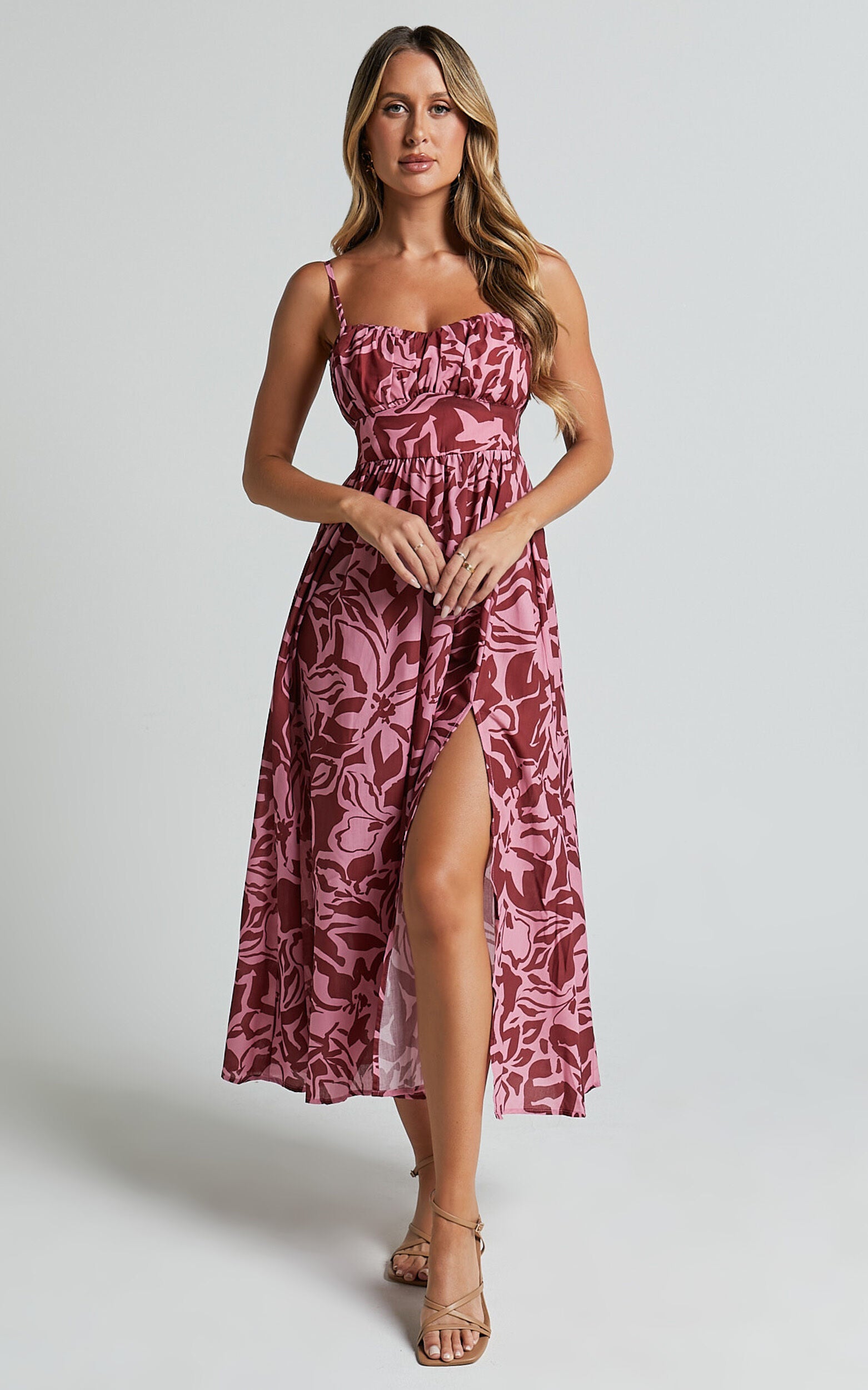 Lydie Midi Dress - Strappy Ruched Bust Shirred Back Dress in Whirlwind Floral Print