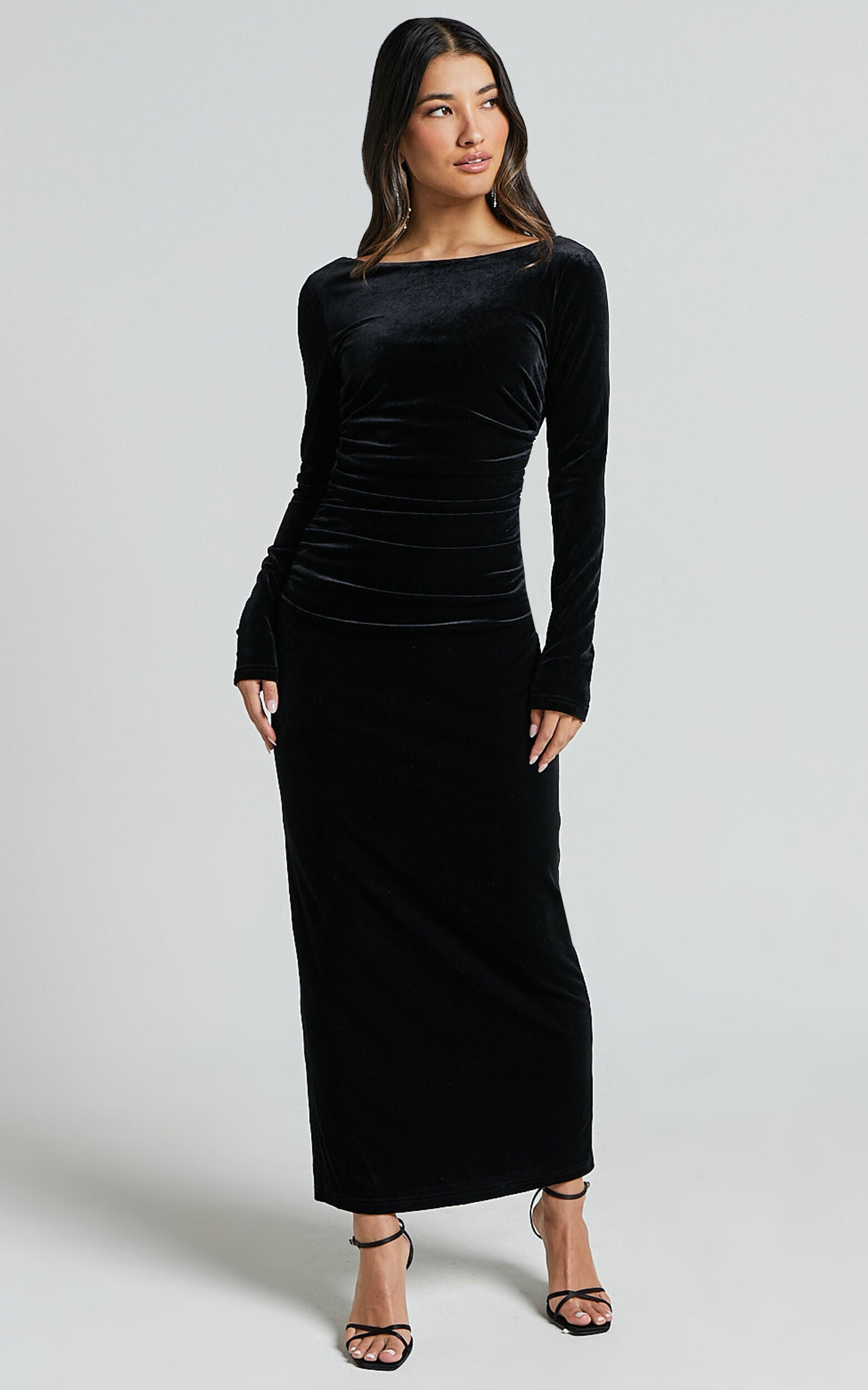 Mirabelle Midi Dress - Long Sleeve Back Cut Out Ruched Velvet Dress in Black
