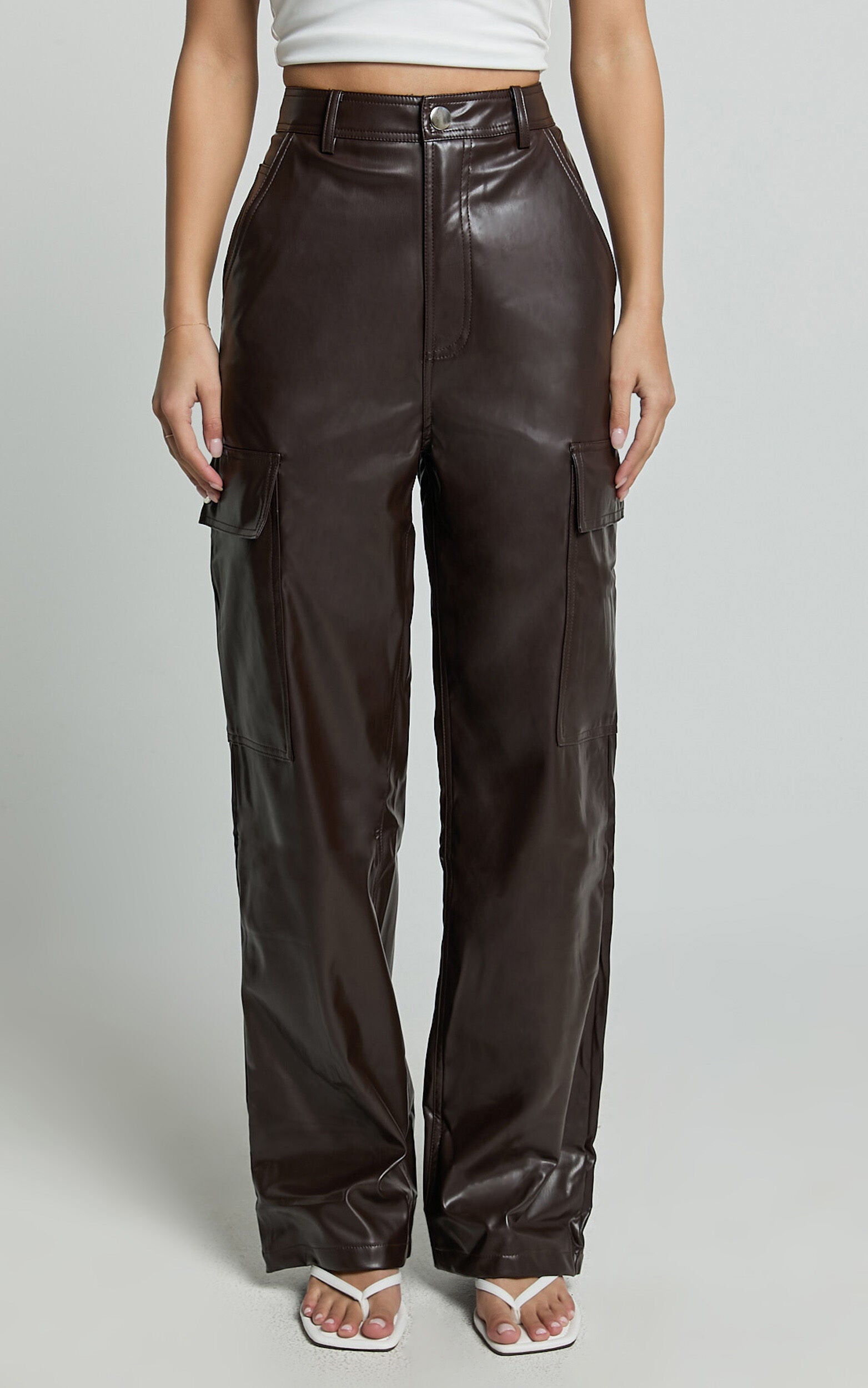 Elviera Pants - High Waisted Faux Leather Cargo Pants in Dark Chocolate