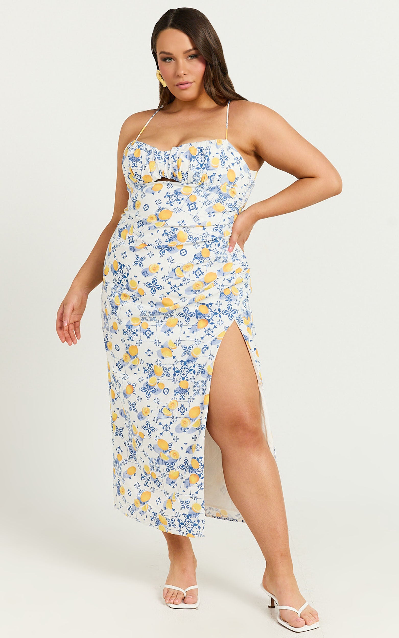 Frederica Midi Linen Dress - Gathered Sweetheart Tie Back Front Split Dress in Limoncello Tile