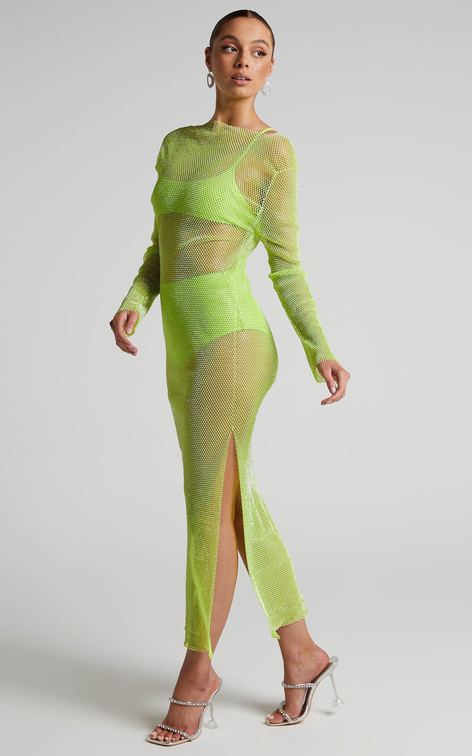 Karmen Midi Dress - Long Sleeve Split Diamante Mesh Dress in Lime